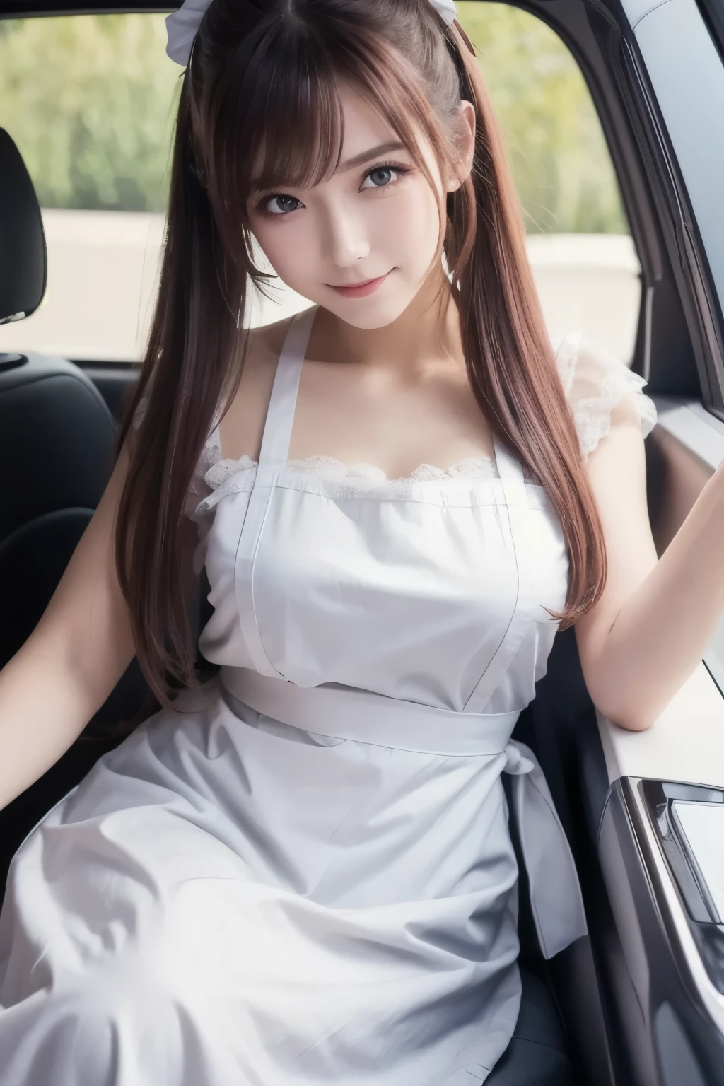 Masterpiece,( top quality , illustration , detailed face :1.3),( in the seat, alone:1.3), beautiful detailed eyes, apron, gradation where you lie down_background, gradation where you lie down, Maid, Purple Eyes,red hair, small breasts,, break, enMaided, white_ apron, black_ dress, ponytail, black_ footwear, Frilled_ apron, dress, Maid_ apron, alternate _hair,very long hair, _ ponytail, halo , nice smile