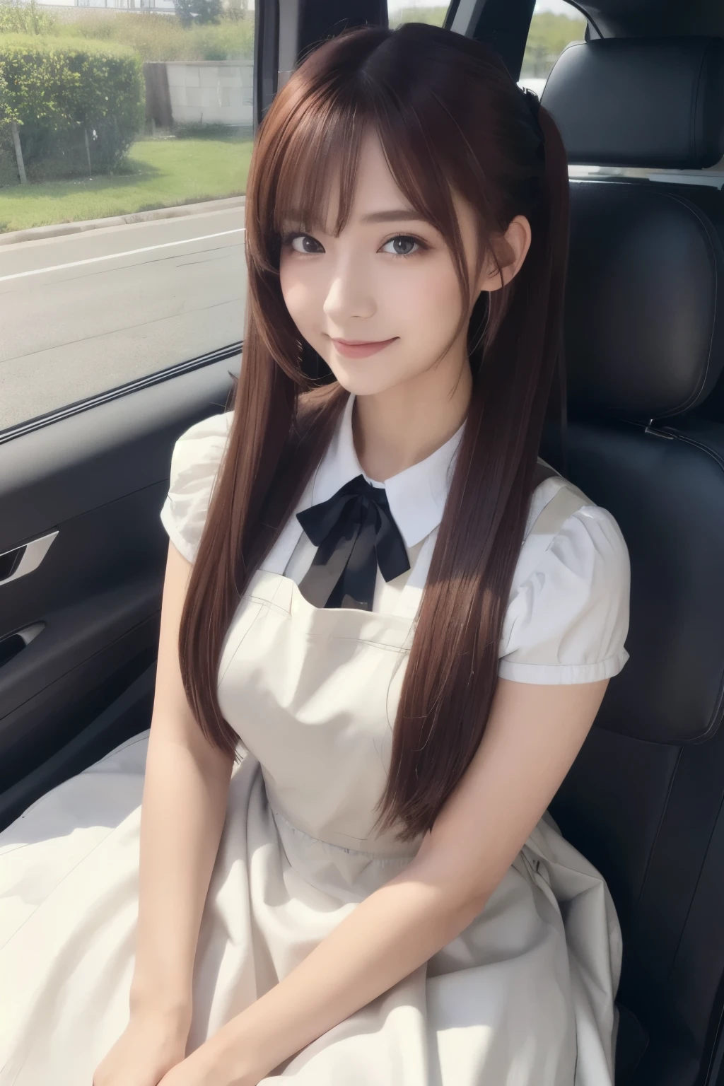 Masterpiece,( top quality , illustration , detailed face :1.3),( in the seat, alone:1.3), beautiful detailed eyes, apron, gradation where you lie down_background, gradation where you lie down, Maid, Purple Eyes,red hair, small breasts,, break, enMaided, white_ apron, black_ dress, ponytail, black_ footwear, Frilled_ apron, dress, Maid_ apron, alternate _hair,very long hair, _ ponytail, halo , nice smile