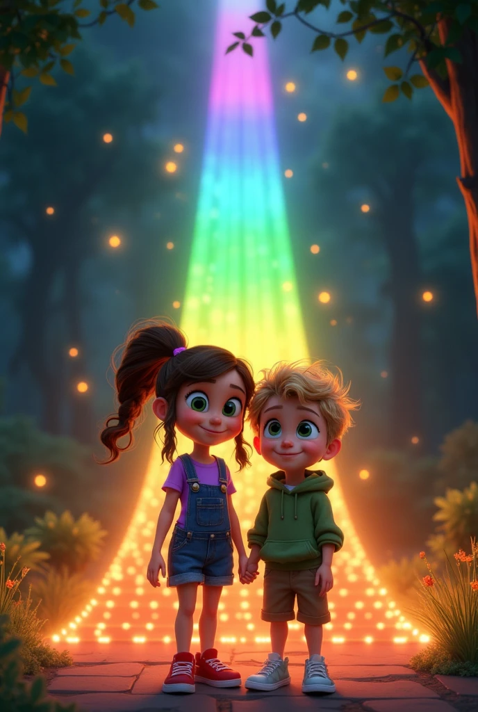 Create an image that captures the magical bond forming between Lily and Max as they clasp the bracelet around their wrists."