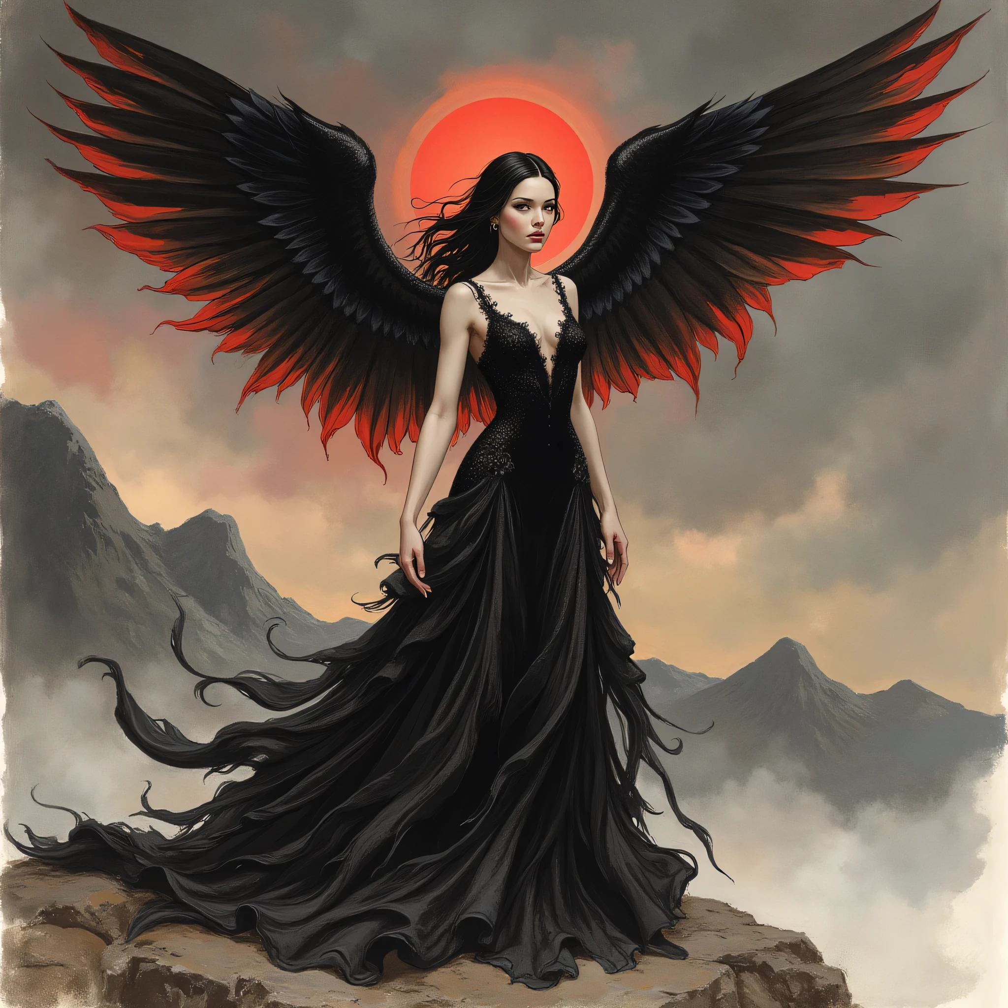 Detailed proportions and textures and multi-color with airbrushed brush strokes that presents a semi-realistic illustration in Chinese ink a female figure with striking, large wings. The wings are predominantly black with vibrant white accents, creating a dramatic contrast. The figure stands in a powerful pose, wearing a long, flowing black gown with intricate designs. Her skin is pale, and she has long, dark hair cascading down her shoulders. A glowing red halo hovers above her head, adding a mystical element. The background is a moody, cloudy sky with hints of mountains in the distance, enhancing the ethereal and otherworldly atmosphere of the scene.very balanced saturation in the color palettes very defined (Color with monochorome intense shaded tones and shine, tone red 25% + yellow 25% + blue 25% + biofluorescent 12.5%+ transparencias 12.5%. Aesthetic fusion by (Fibonacci ratio. A poupée realiste of a young girl ballet-like. female (Including a variety of pink skin and beige-dark tones that give it contrast and shine) character type. Fluid texture that gives the sensation of movement to the Thin, fine of leaves that moulds to the figure (her clothes with relief and folds give volume and depth to the character) style. Haute couture photoshoot (in high quality of full body). Sharp Highly Detailed Soft Focus, Approaching Perfection, Full HD 8K. High and Low Angles. of Coco Chanel, Gianni Versace, Alberto Vargas, Greg Rutkowsk art style fusion.