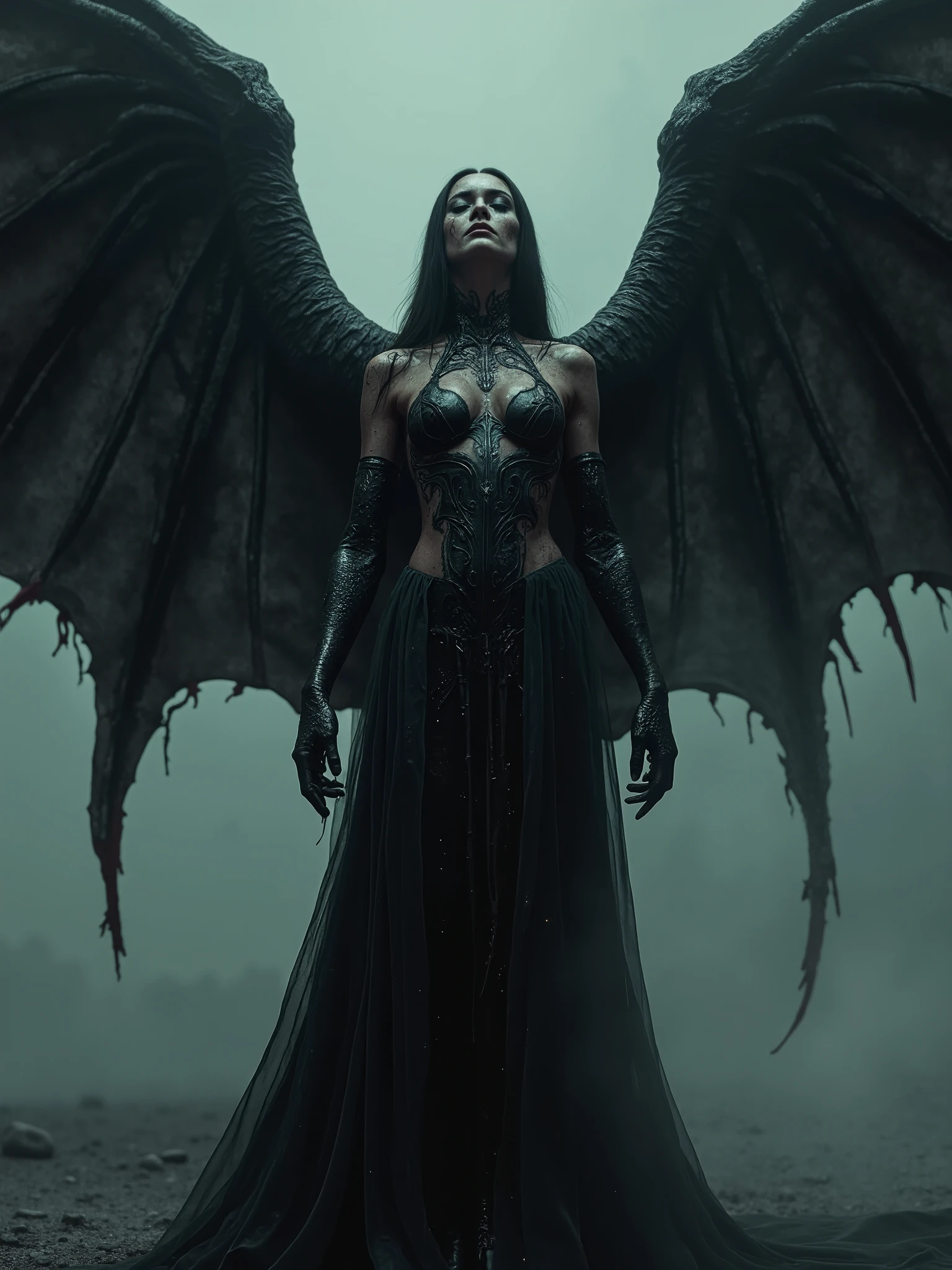 Serpant woman,sexy and majestic,souls trying to escape her body so they press on the inside of her chest to breathe,huge Shadow Wings above her spreading trough the whole sky, All latex and blood clothing, standing on top of humanity,obscure horror,industrial art,dark ambient art,dark surrealism, dark ambient, realistic dystopia background ,dark art pure sadness,love, realistic photography
