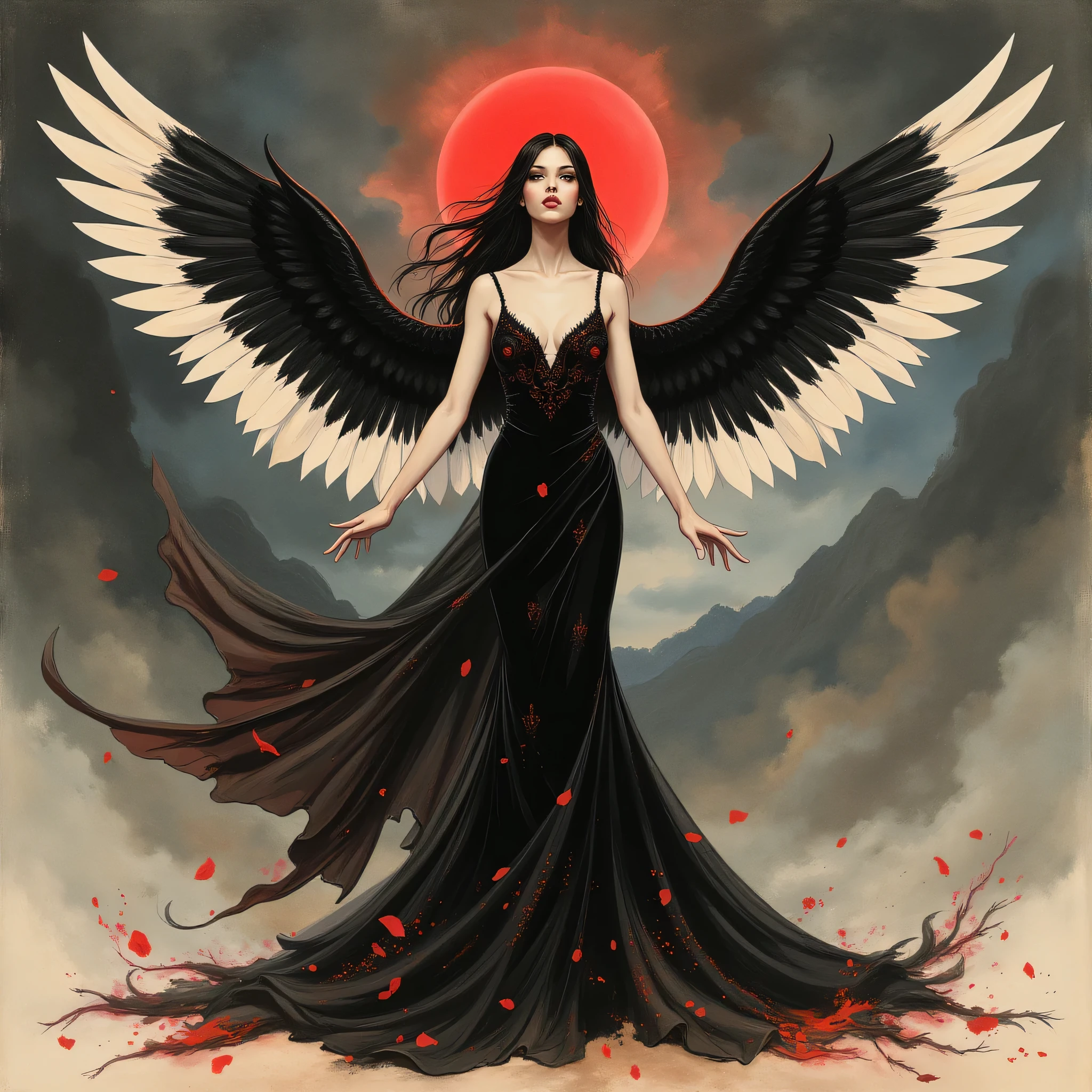 Detailed proportions and textures and multi-color with airbrushed brush strokes that presents a semi-realistic illustration in Chinese ink a female figure with striking, large wings. The wings are predominantly black with vibrant white accents, creating a dramatic contrast. The figure stands in a powerful pose, wearing a long, flowing black gown with intricate designs. Her skin is pale, and she has long, dark hair cascading down her shoulders. A glowing red halo hovers above her head, adding a mystical element. The background is a moody, cloudy sky with hints of mountains in the distance, enhancing the ethereal and otherworldly atmosphere of the scene.very balanced saturation in the color palettes very defined (Color with monochorome intense shaded tones and shine, tone red 25% + yellow 25% + blue 25% + biofluorescent 12.5%+ transparencias 12.5%. Aesthetic fusion by (Fibonacci ratio. A poupée realiste of a young girl ballet-like. female (Including a variety of pink skin and beige-dark tones that give it contrast and shine) character type. Fluid texture that gives the sensation of movement to the Thin, fine of leaves that moulds to the figure (her clothes with relief and folds give volume and depth to the character) style. Haute couture photoshoot (in high quality of full body). Sharp Highly Detailed Soft Focus, Approaching Perfection, Full HD 8K. High and Low Angles. of Coco Chanel, Gianni Versace, Alberto Vargas, Greg Rutkowsk art style fusion.