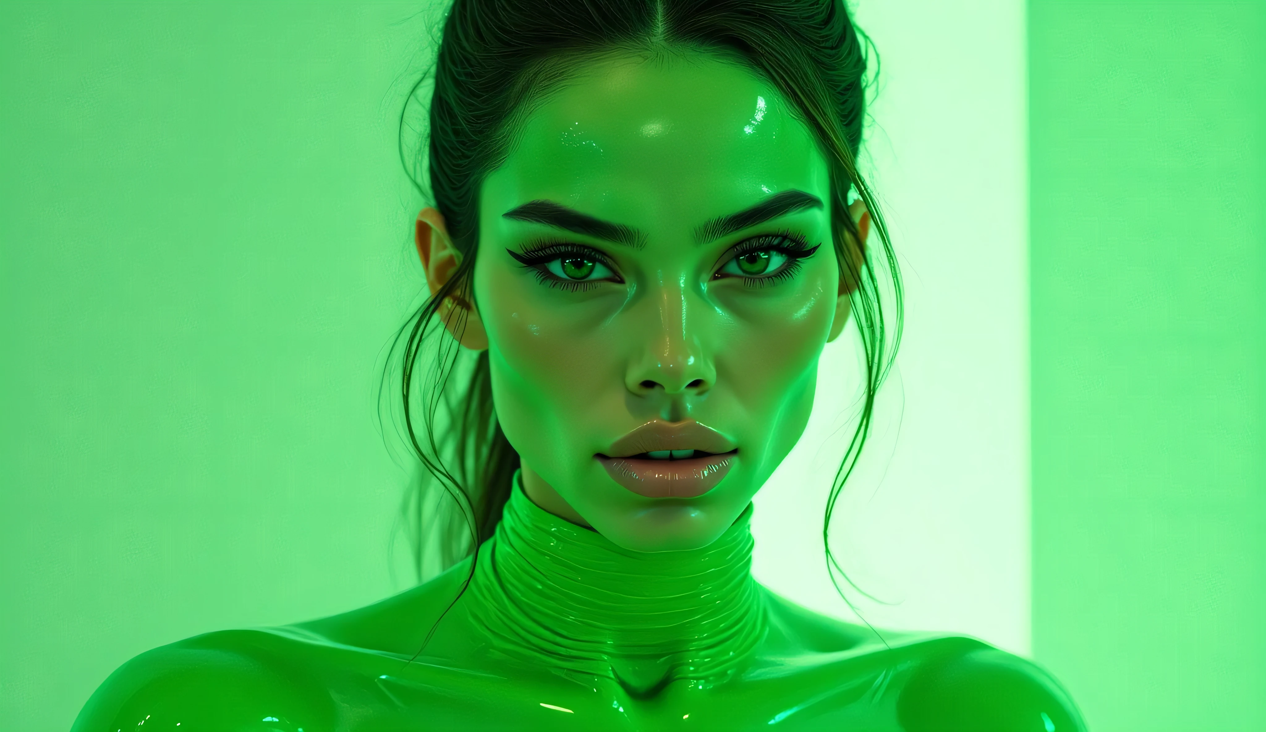 close-up of a woman in a green latex suit, futuristic glossy latex suit , green leather, Selena Gomez, made from celery , Alien woman, cyber punk glossy latex suit, green leather!, green leather, green body , green leather!!, green leatherned, alien girl , latex leather , greenish skin , latex shiny, fluorescent leather , Alien woman