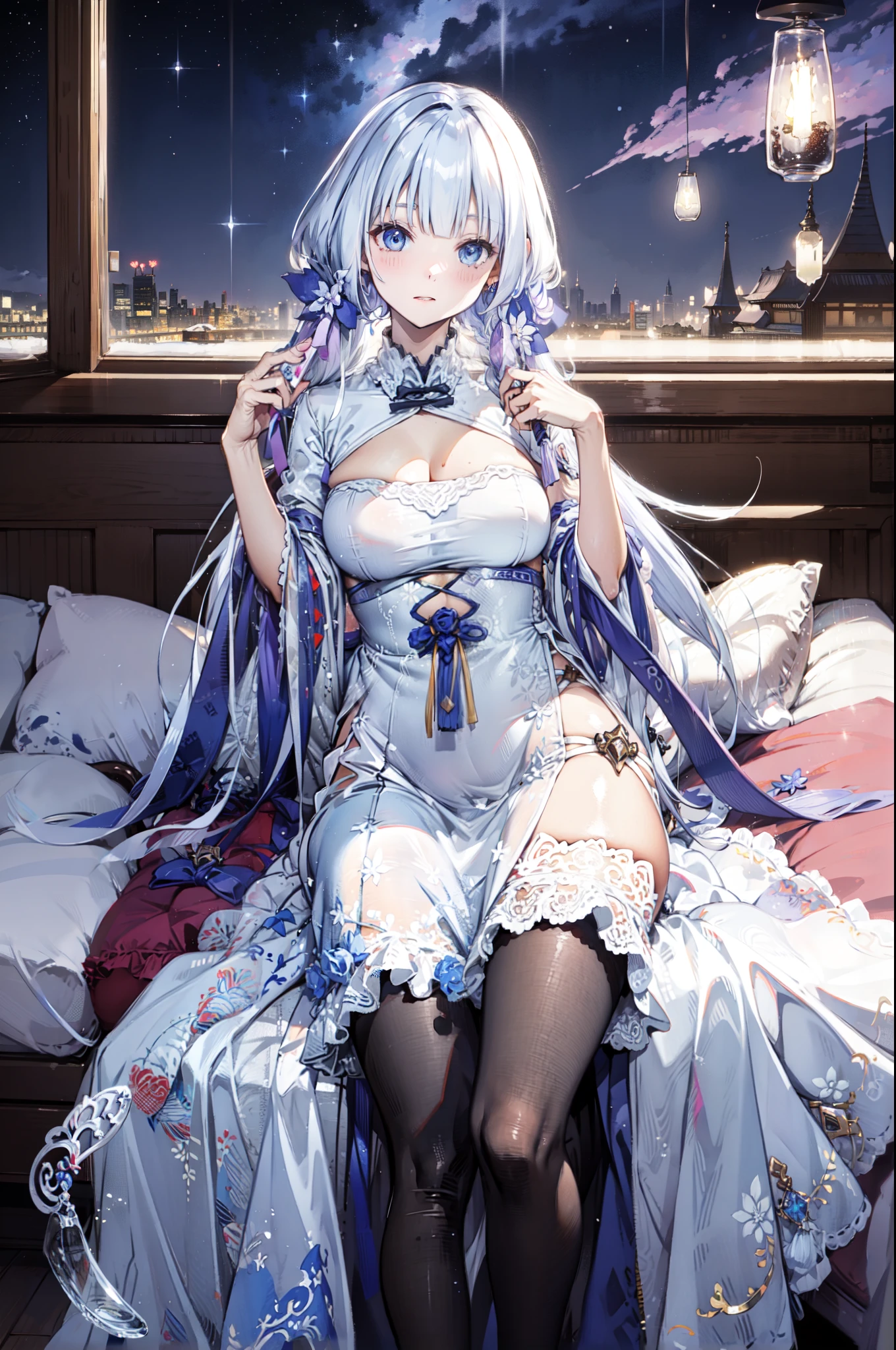 (best quality,4K,8K,high resolution,masterpiece:1.2),Extremely detailed,milf,,magic,enchanting,joy,Divine goddess,magical effect,Silver hair,Blue eyes,Transparent dress,Exquisite decoration,Features of the magical costumes of the heavens,A small amount of sky blue cloth,Exquisite clothing,Layered Skirt,detailed lace,Delicate ruffles,bedroom,Alone,at night,Lace pantyhose,Sacred stripes,Transparent clothing,Jewelry embellishments