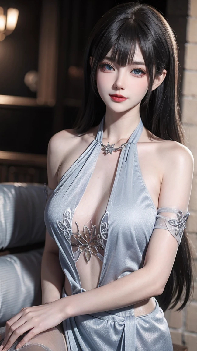 8k, masterpiece, RAW photo, best quality, photorealistic, extremely detailed CG unity 8k wallpaper, Depth of field, Cinematic Light, Lens Flare, Ray tracing, (extremely beautiful face, beautiful lips, beautiful eyes), intricate detail face, ((ultra detailed skin)), best quality, Masterpieces, Super high resolution, (photograph realistic:1.5), Original image, luxury long dress, 1girl, offshoulder, In the dark, deepshadow, low tune, Cold light, Sexy look, long whitr hair,Cafe,pretty,lim light,swirling hair, medium shot, big breast.