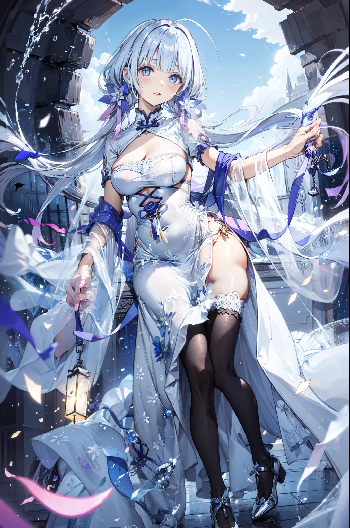 (best quality,4K,8K,high resolution,masterpiece:1.2),Extremely detailed,milf,,magic,enchanting,joy,Divine goddess,magical effect,Silver hair,Blue eyes,Transparent dress,Exquisite decoration,Features of the magical costumes of the heavens,A small amount of sky blue cloth,Exquisite clothing,Layered Skirt,detailed lace,Delicate ruffles,bedroom,Alone,at night,Lace pantyhose,Sacred stripes,Transparent clothing,Jewelry embellishments