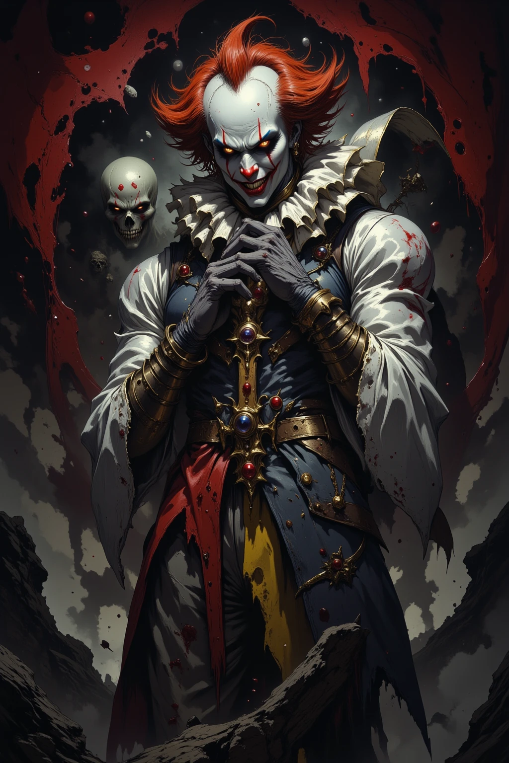 (( full body view)) full body image, (best quality,4k,8k,highres,masterpiece:1.2),ultra-detailed,realistic:1.37, gritty ghotic art,colorful, ((full body view)) foto of an evil clown. Pogo the clow, in classic white, red and black, clown vests. His costume dirty, and shreded.Menacing eyes, exuding energy. rage, (((extremely thin)))creepy menacing figure, playing with a razor, against a background of circus tent, mist. Shadows, stone figure. With splashes of blood on his arms, his clown suit and hands.extrem contrast and definition 8k, 4k, dept of vue, eyes,dark,vibrant colors,mysterious background,hellish atmosphere,intense emotions,expressive brushstrokes,haunting presence,foreboding shadows,omnious lighting,dramatic composition, circus features,sharp and detailed,distinctive textures,contrast between light and dark,awe-inspiring,otherworldly,fantasy theme,impressive,dynamic pose, omnious Shadows, intricate details, captivating,unforgettable,visually stunning ((full body view)) ((full body image)).