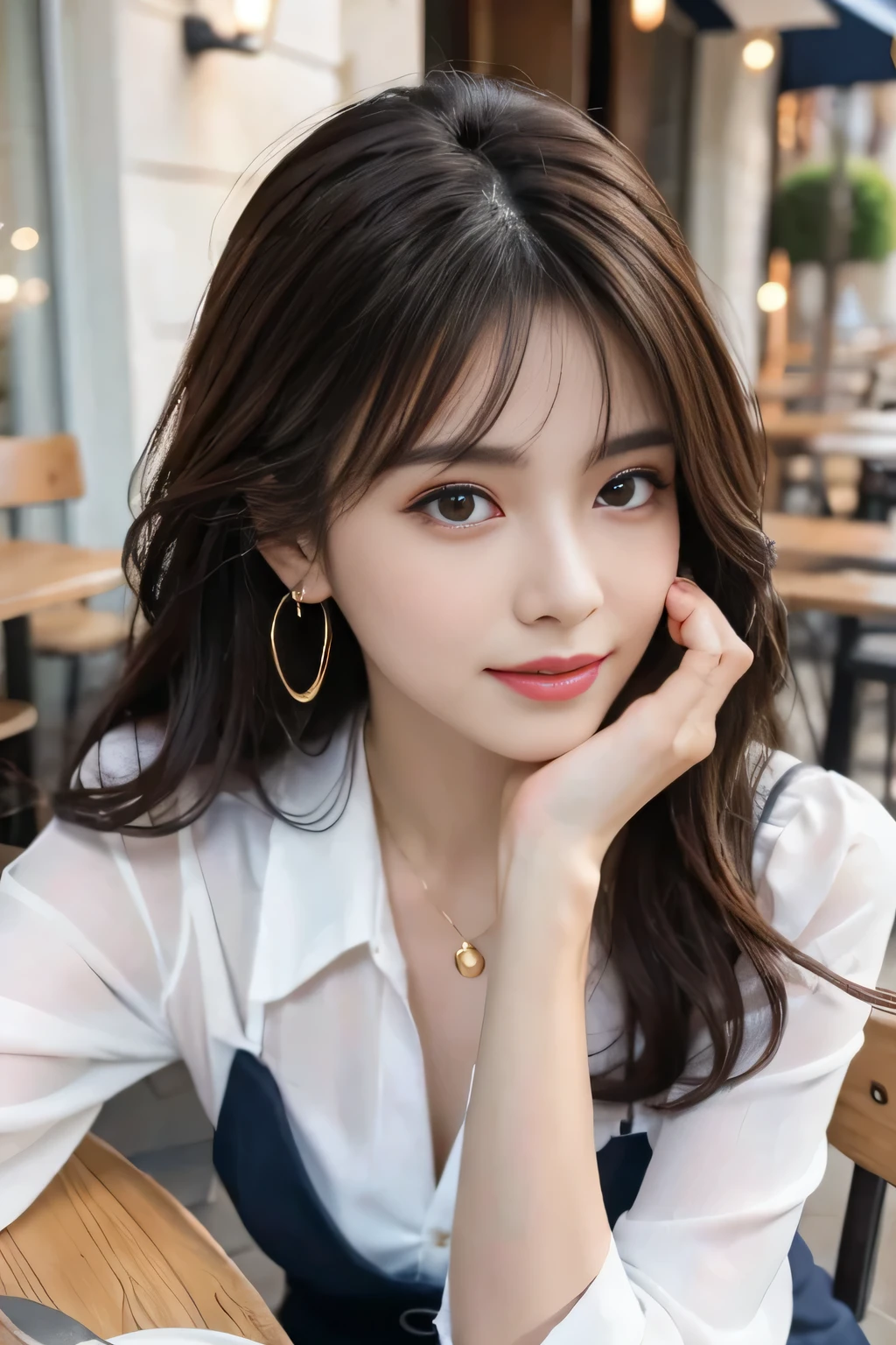 Black Hair、Clear beauty、、Wavy Hair、Long sleeve blouse、Ear piercing、Necklace around the neck、smile、Beautiful teeth alignment、Intricate details, Very detailed:1.2), 、 Looking into the camera、The background is a coffee shop