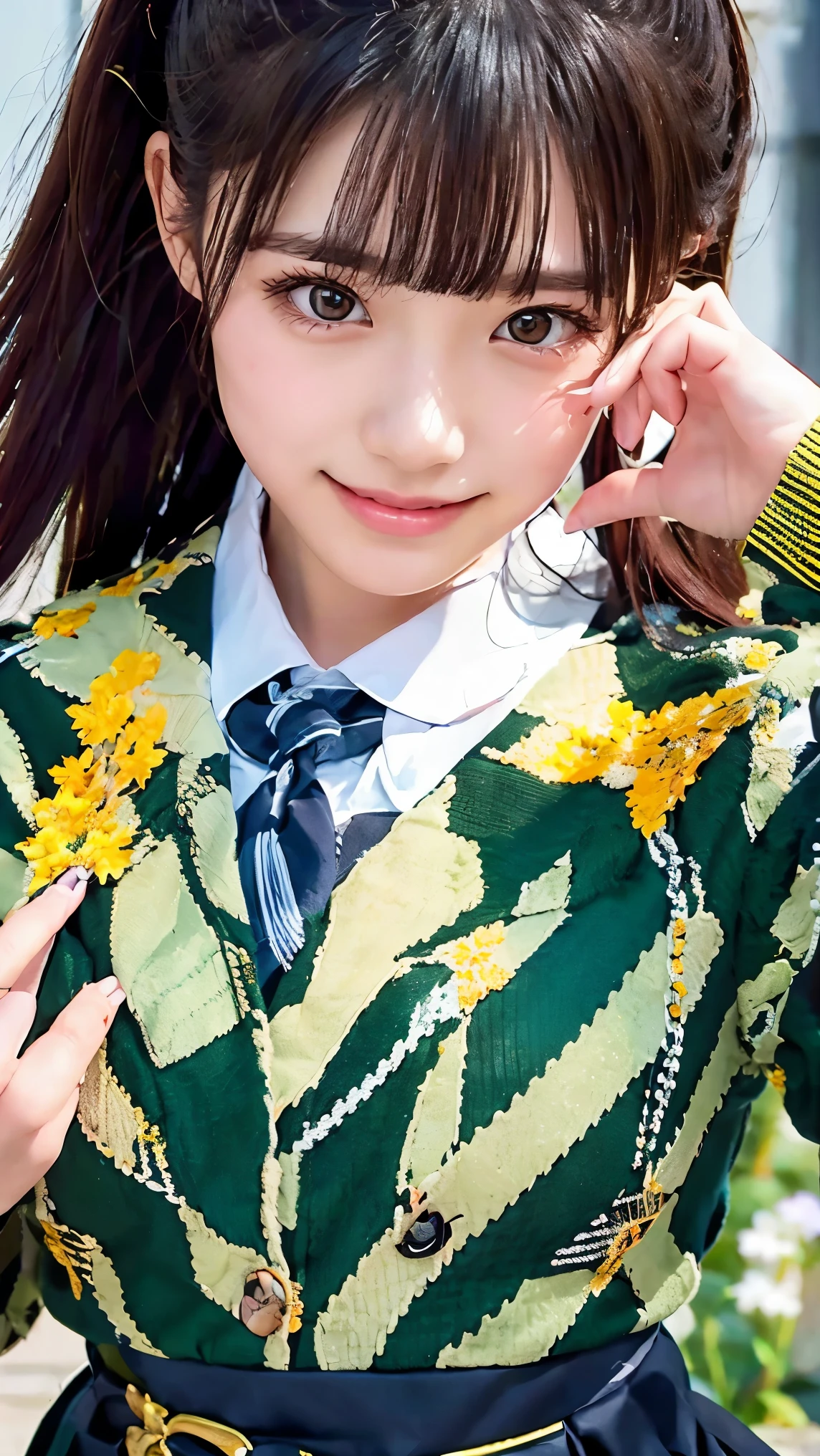beautiful young Japanese woman , Around 20 years old, Wearing military uniform, very detailedな, 8k resolution, とても is present, Cinema Lighting, top quality, Masterpiece, is present, Physically Based Rendering , very detailed, vibrant colors, Professional, sharp concentration, studio lighting . black latex{ x} Standing Facing Front , bright smile