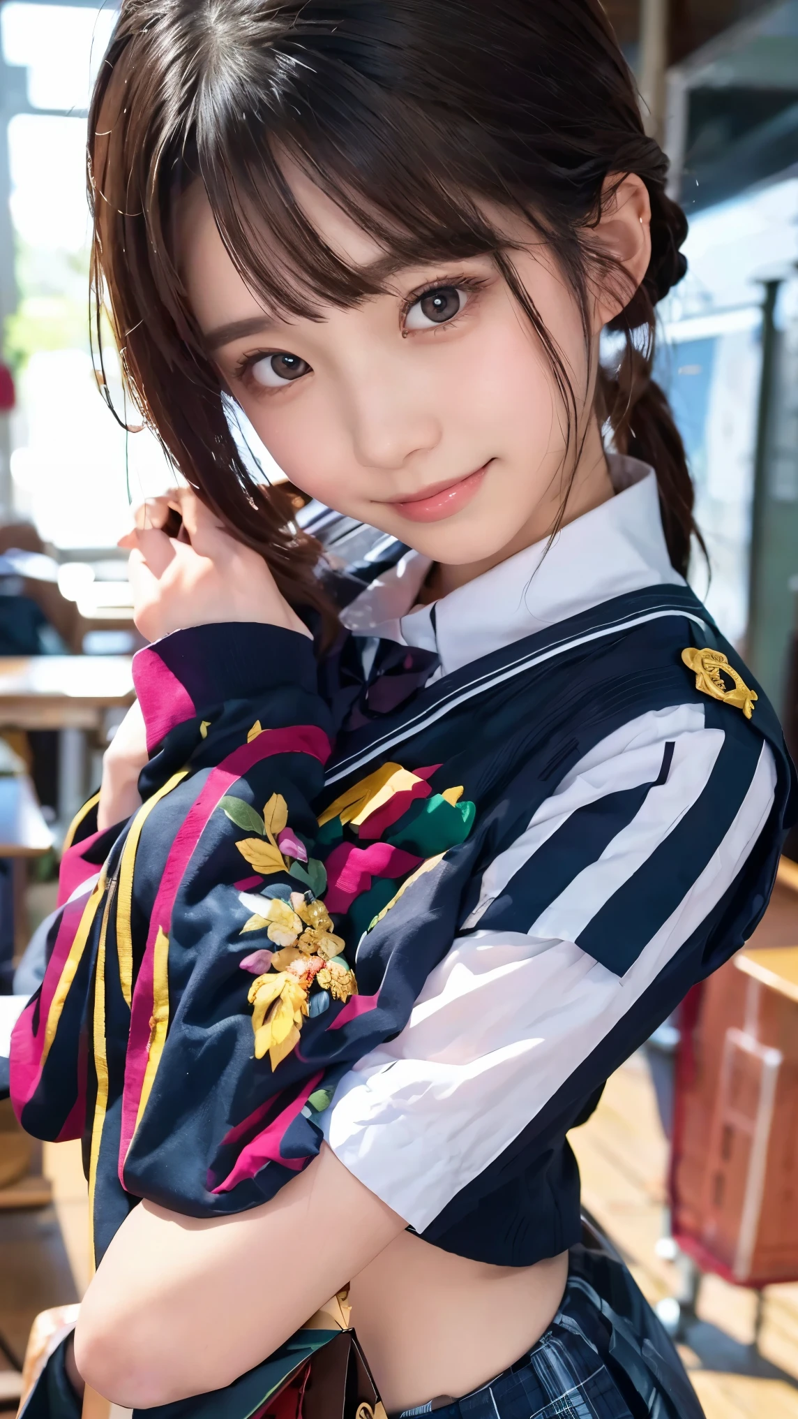 beautiful young Japanese woman , Around 20 years old, Wearing military uniform, very detailedな, 8k resolution, とても is present, Cinema Lighting, top quality, Masterpiece, is present, Physically Based Rendering , very detailed, vibrant colors, Professional, sharp concentration, studio lighting . black latex{ x} Standing Facing Front , bright smile