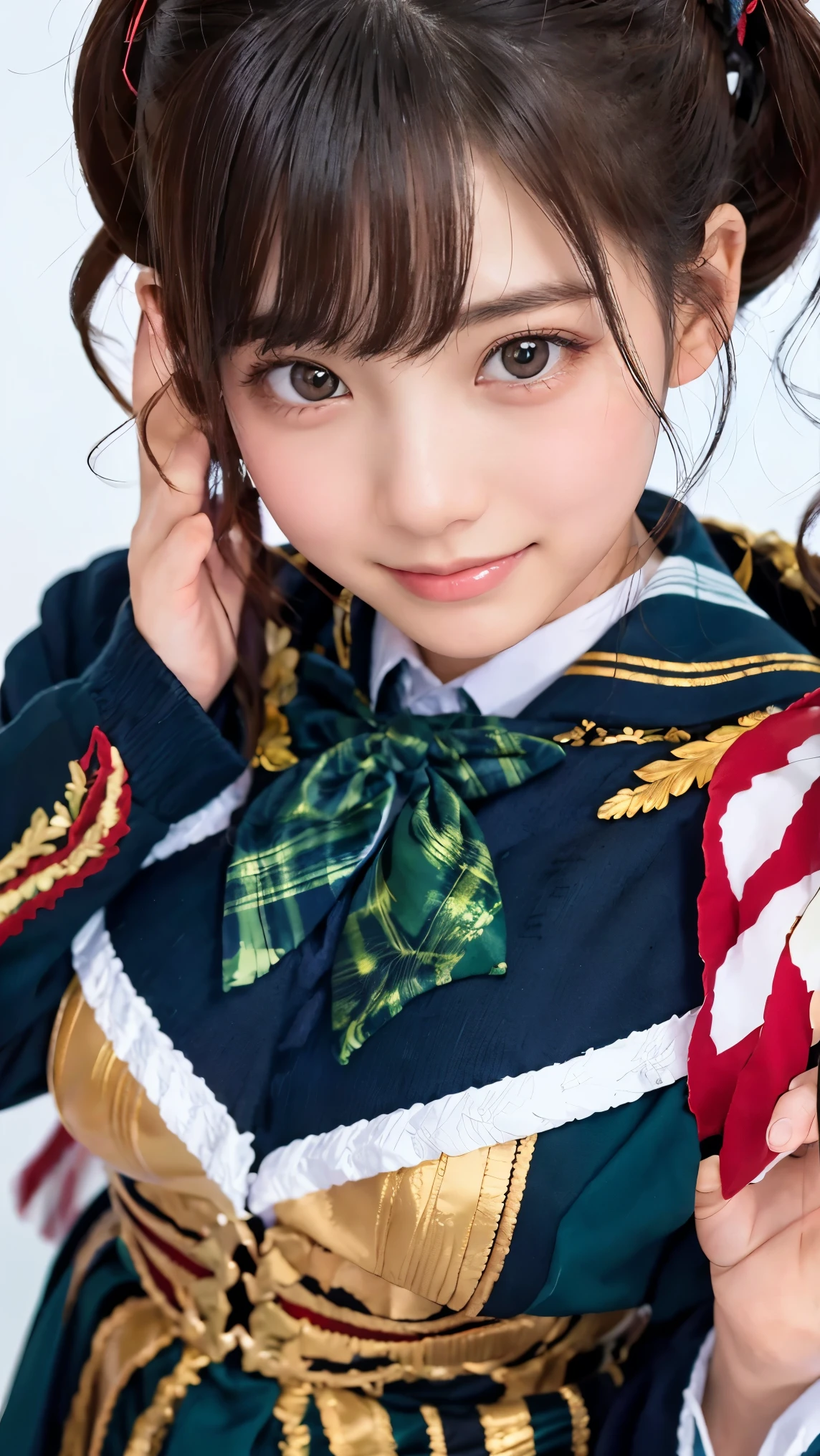 beautiful young Japanese woman , Around 20 years old, Wearing military uniform, very detailedな, 8k resolution, とても is present, Cinema Lighting, top quality, Masterpiece, is present, Physically Based Rendering , very detailed, vibrant colors, Professional, sharp concentration, studio lighting . black latex{ x} Standing Facing Front , bright smile