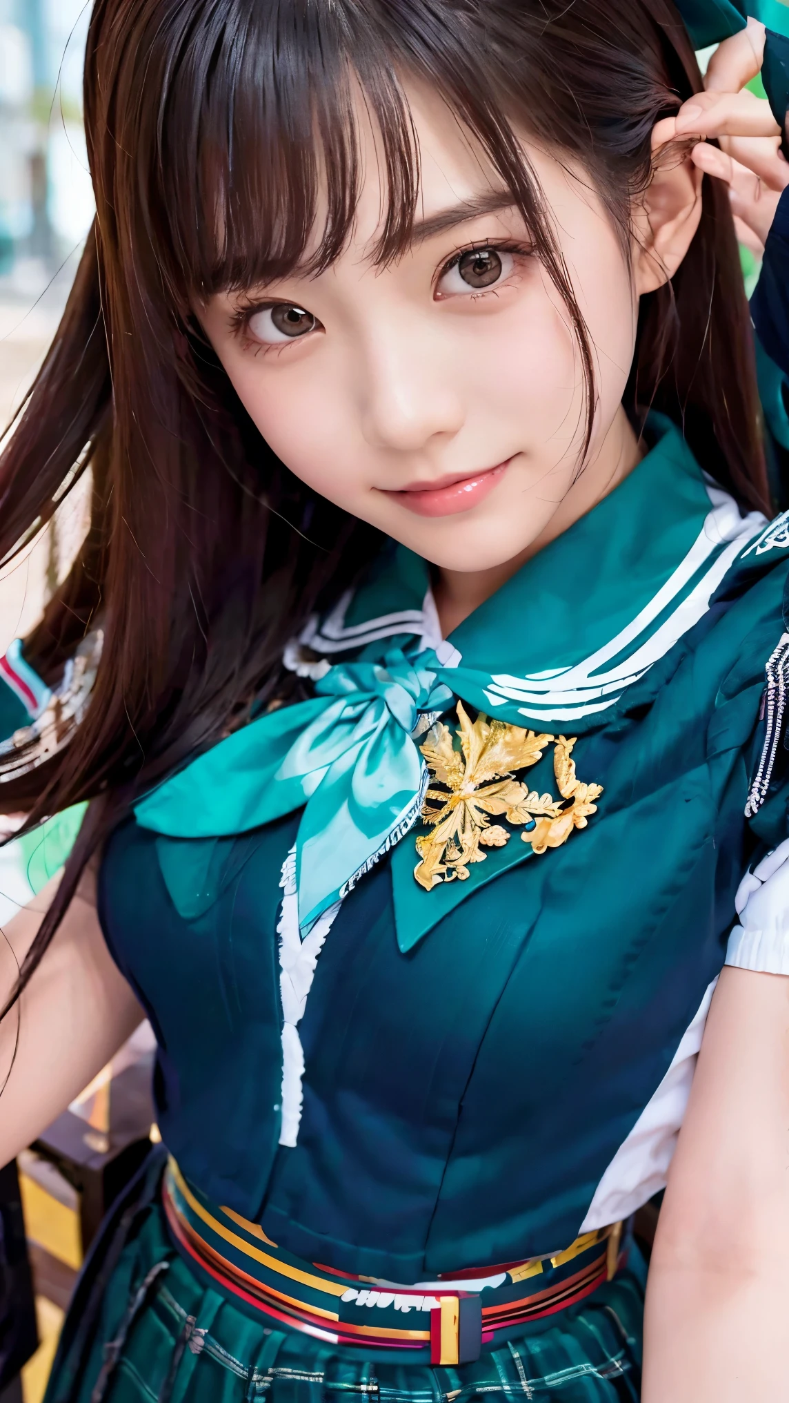 beautiful young Japanese woman , Around 20 years old, Wearing military uniform, very detailedな, 8k resolution, とても is present, Cinema Lighting, top quality, Masterpiece, is present, Physically Based Rendering , very detailed, vibrant colors, Professional, sharp concentration, studio lighting . black latex{ x} Standing Facing Front , bright smile
