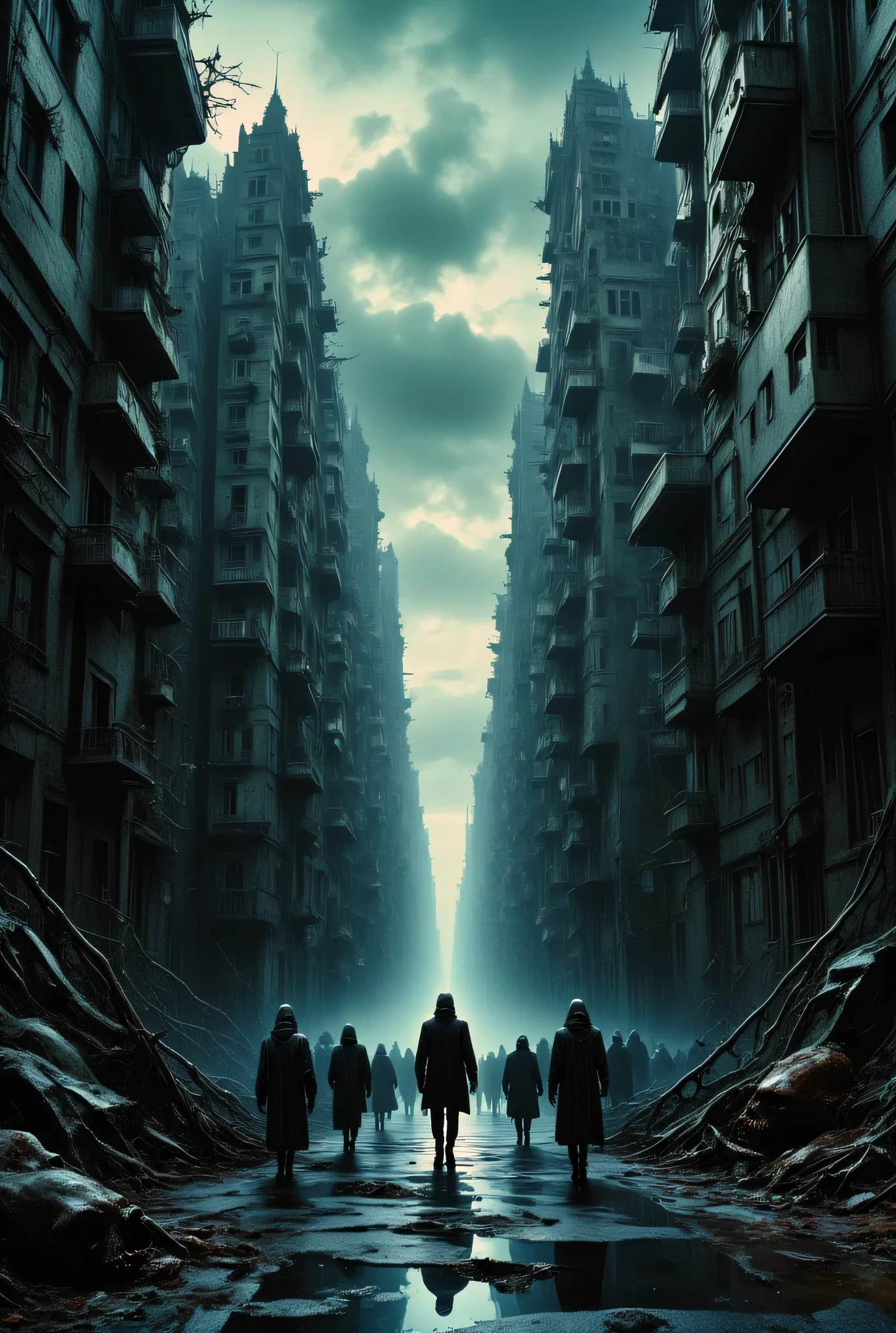 high quality, 8K ultra HD , This work is、 creates a frightening dream world of disturbing yet enchanting urban {x} I envision a big city where nightmarish surrealist elements converge into scary things, gore , Horror Scene, ( zombies roaming the streets :1.5), is subtly incorporated , Streets are complicated , mind-twisting and spectacular , The sharp contrast between light and darkness enhances the dreamy quality of 、 scenes , Escher's influence is subtly incorporated , photorealistic, super real