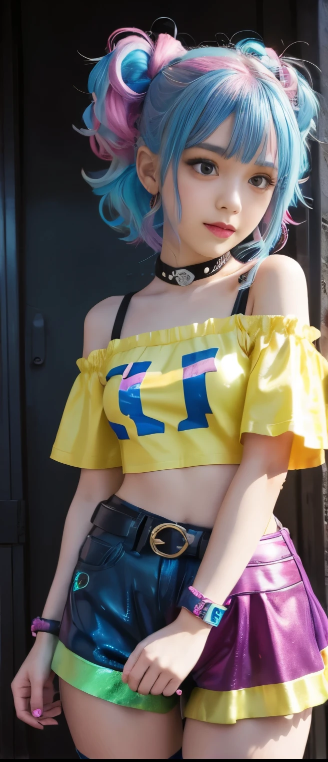 Fancy Idol Girl (Colorful Blue Hair)、A pure girl's face、 hypo、 Fluorescent Yellow Off Shoulder Shirts、 Striped Candy Tight Shorts 、Paint Belt 、Sequin Tights 、Glowing Punk Town