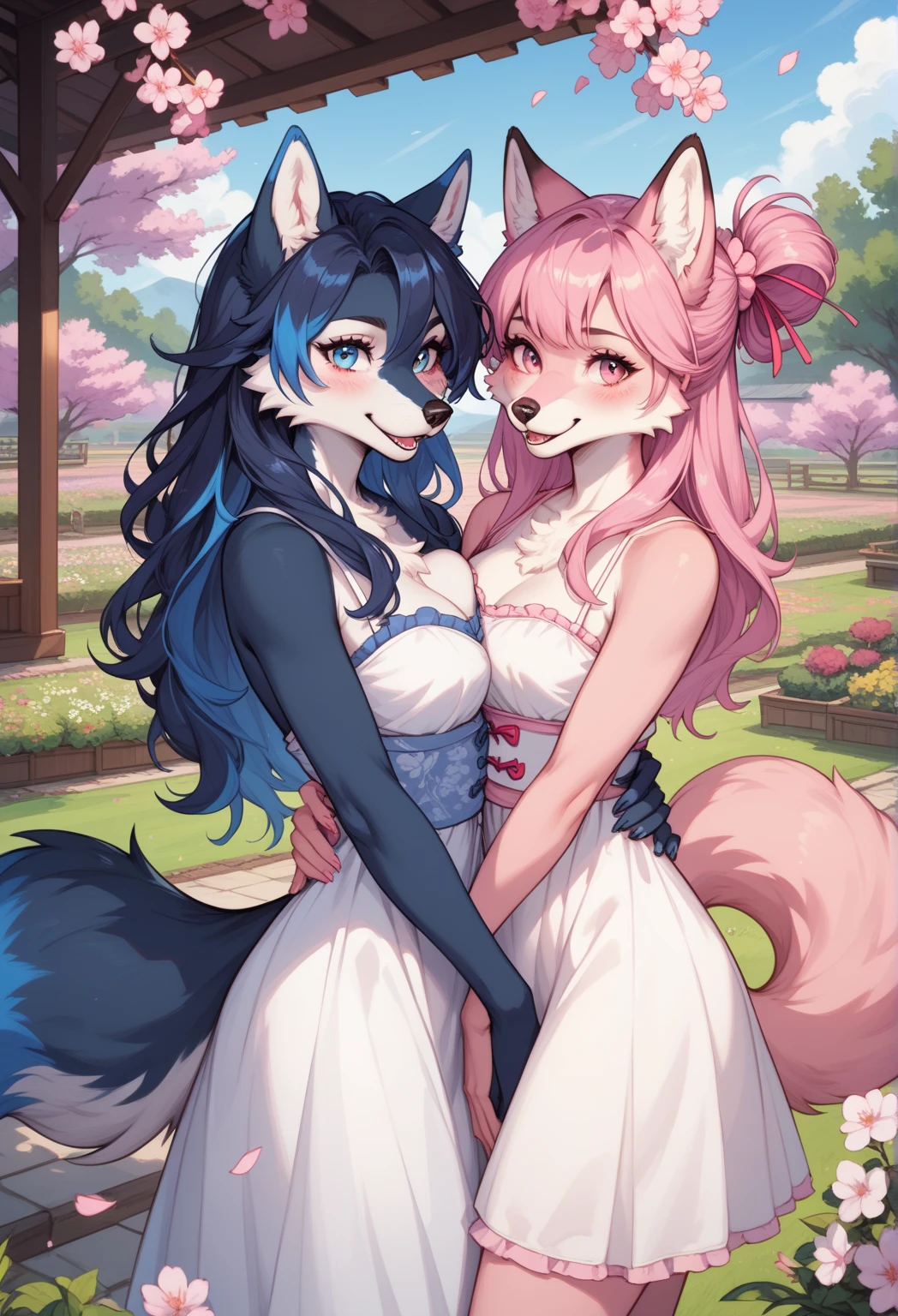 best quality,best resolution,(fluffy anthro furry :1.6),(young :1.6),2 girls,french kissing,lesbians,purple hair white fox girl,red hair fox girl, long hair,wavy hair,messy hair,small breasts,pink nipples,soak white dress,tight,see through,transparent,raffles,soak hair,water dripping on legs,glistering water detailed,sun beam,water reflex sun light,sparkle water detailed,beautiful river view,beautiful forest,flowers surrounded,camel toe very obivious,flower hairpin,looking at viewer,full face blush,passionated face,hair waving in the wind,wind blow effect,flower petals floating in the wind,upper body only,close up,breasts in water,under water view