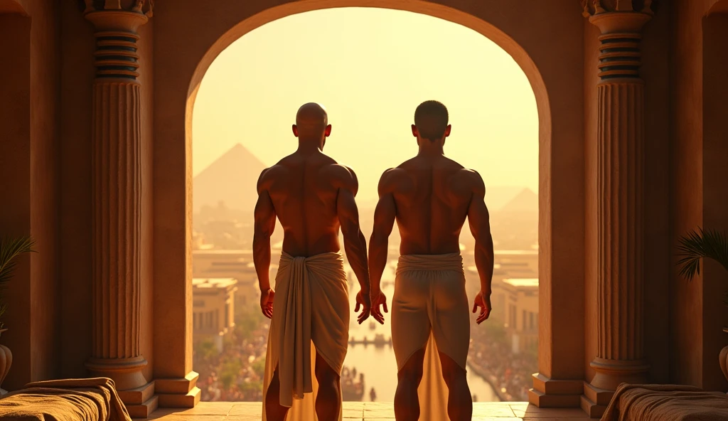 Man 22 -year-old boy with brown cinnamon skin, toned athletic body straight hair, serious masculine thoughtful observer naked and wears a white outfit typical of ancient Egypt, walks through the streets of a modern city