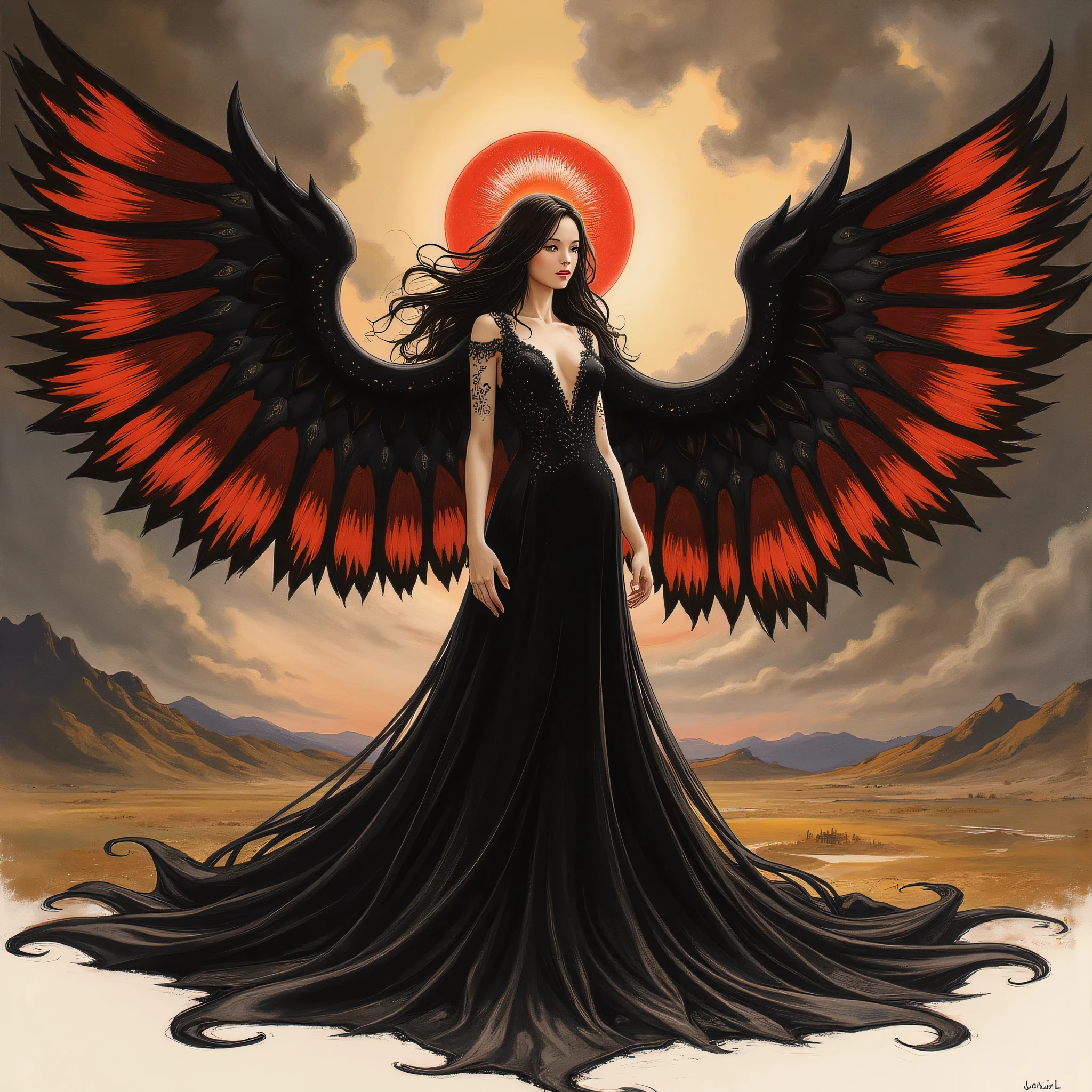 Detailed proportions and textures and multi-color with airbrushed brush strokes that presents a semi-realistic illustration in Chinese ink a female figure with striking, large wings. The wings are predominantly black with vibrant red accents, creating a dramatic contrast. The figure stands in a powerful pose, wearing a long, flowing black gown with intricate designs. Her skin is pale, and she has long, dark hair cascading down her shoulders. A glowing red halo hovers above her head, adding a mystical element. The background is a moody, cloudy sky with hints of mountains in the distance, enhancing the ethereal and otherworldly atmosphere of the scene.very balanced saturation in the color palettes very defined (Color with monochorome intense shaded tones and shine, tone red 25% + yellow 25% + blue 25% + biofluorescent 12.5%+ transparencias 12.5%. Aesthetic fusion by (Fibonacci ratio. A poupée realiste of a young girl ballet-like. female (Including a variety of pink skin and beige-dark tones that give it contrast and shine) character type. Fluid texture that gives the sensation of movement to the Thin, fine of leaves that moulds to the figure (her clothes with relief and folds give volume and depth to the character) style. Haute couture photoshoot (in high quality of full body). Sharp Highly Detailed Soft Focus, Approaching Perfection, Full HD 8K. High and Low Angles. of Coco Chanel, Gianni Versace, Alberto Vargas, Greg Rutkowsk art style fusion.