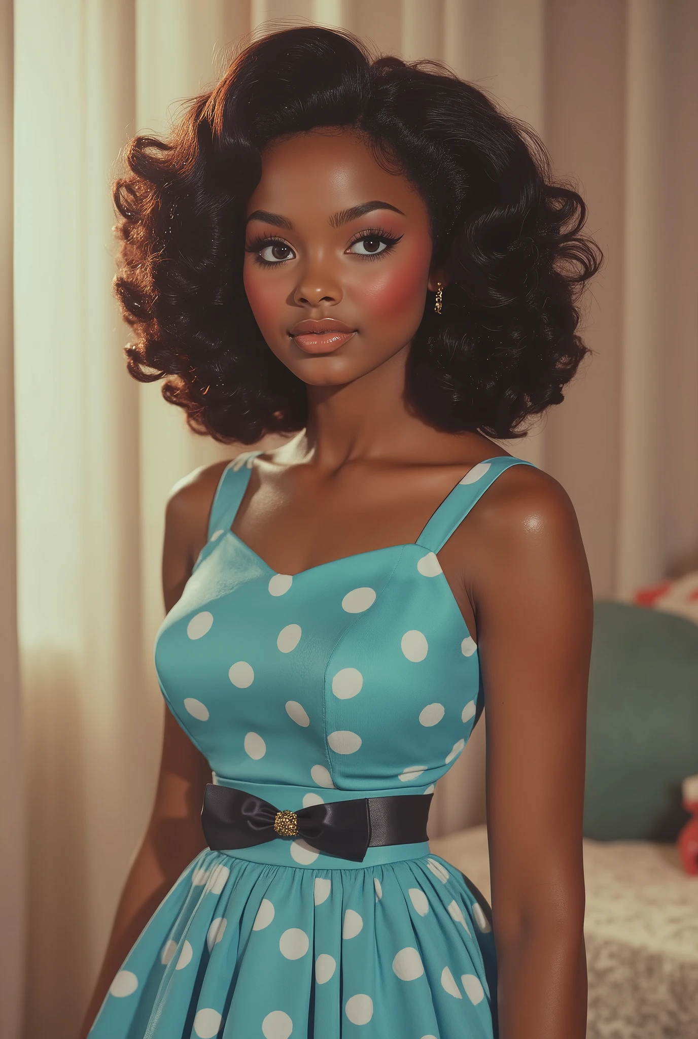 cute girl, full body, dark skin, coily black hair, blue polka dot A-line dress, black bow, sleeveless, kind smile, realistic, 8k, highly detailed, soft lighting