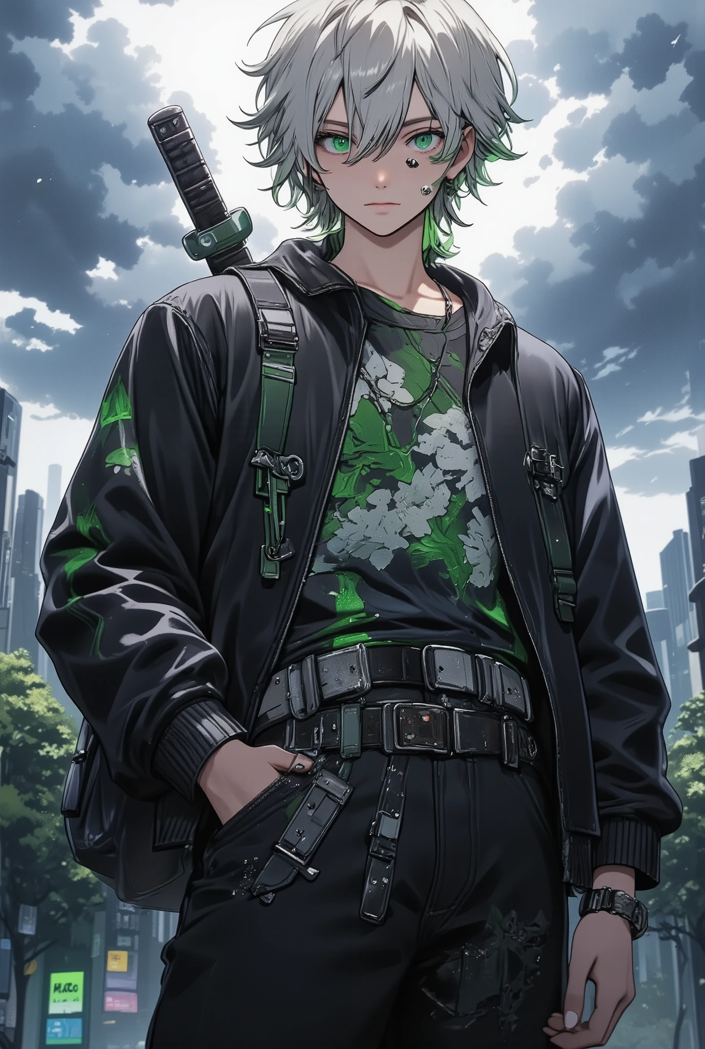 Male, Young Adult, Masculine, Deep Sea Green Eyes, White Medium Length Hair with Green Dyed Tips, Messy Hair, Undertone Hair, Baggy Jeans, Big Belt, Multiple Belts, Slanted Belt, In the style of sifu, Facial Piercing, Perfect Generation, Night City, Cloudy Sky, Male Focus