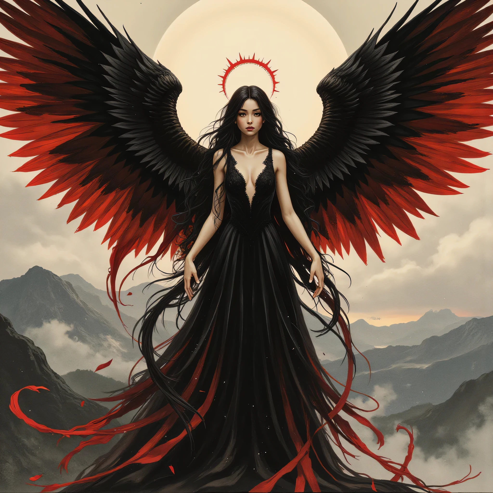 Detailed proportions and textures and multi-color with airbrushed brush strokes that presents a semi-realistic illustration in Chinese ink a female figure with striking, large wings. The wings are predominantly black with vibrant red accents, creating a dramatic contrast. The figure stands in a powerful pose, wearing a long, flowing black gown with intricate designs. Her skin is pale, and she has long, dark hair cascading down her shoulders. A glowing red halo hovers above her head, adding a mystical element. The background is a moody, cloudy sky with hints of mountains in the distance, enhancing the ethereal and otherworldly atmosphere of the scene.very balanced saturation in the color palettes very defined (Color with monochorome intense shaded tones and shine, tone red 25% + yellow 25% + blue 25% + biofluorescent 12.5%+ transparencias 12.5%. Aesthetic fusion by (Fibonacci ratio. A poupée realiste of a young girl ballet-like. female (Including a variety of pink skin and beige-dark tones that give it contrast and shine) character type. Fluid texture that gives the sensation of movement to the Thin, fine of leaves that moulds to the figure (her clothes with relief and folds give volume and depth to the character) style. Haute couture photoshoot (in high quality of full body). Sharp Highly Detailed Soft Focus, Approaching Perfection, Full HD 8K. High and Low Angles. of Coco Chanel, Gianni Versace, Alberto Vargas, Greg Rutkowsk art style fusion.