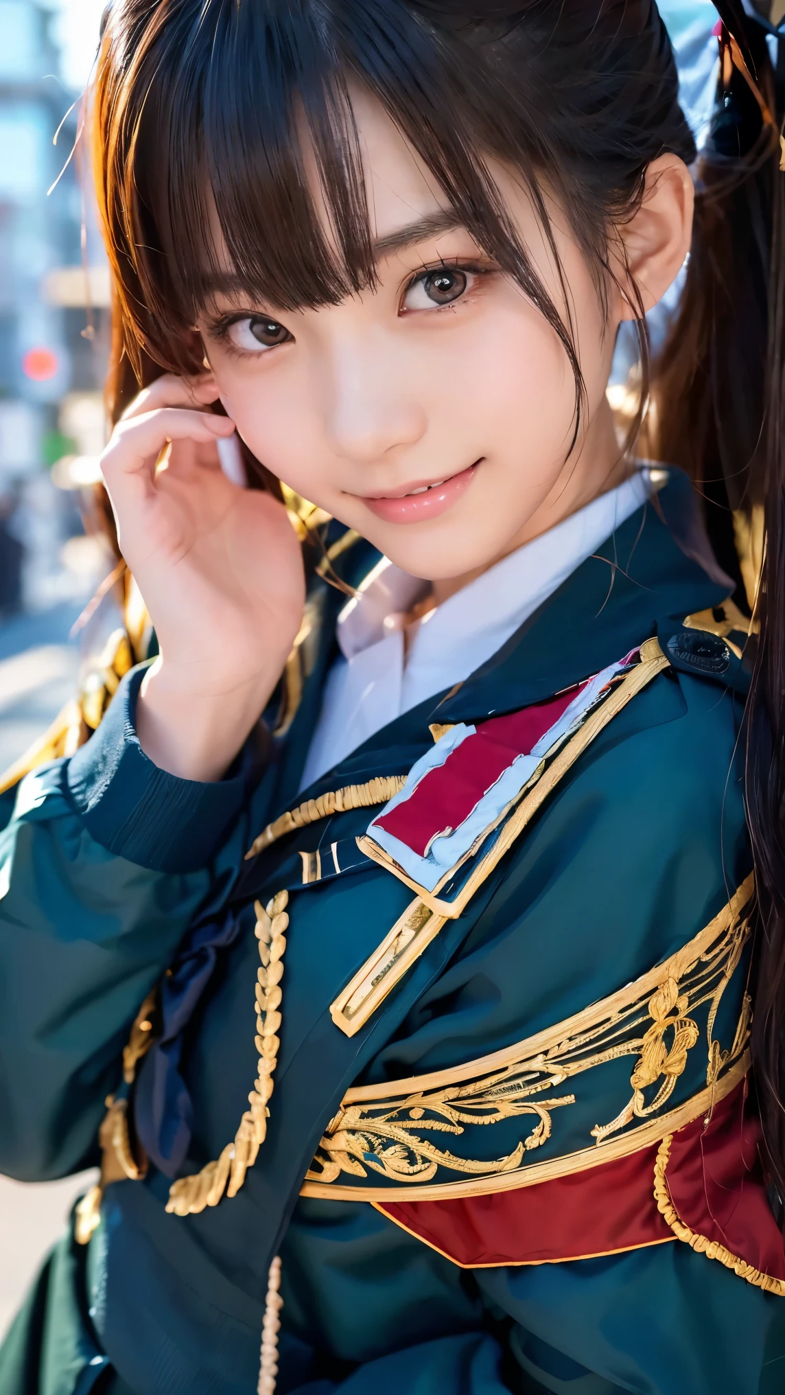 beautiful young Japanese woman , Around 20 years old, Wearing military uniform, very detailedな, 8k resolution, とても is present, Cinema Lighting, top quality, Masterpiece, is present, Physically Based Rendering , very detailed, vibrant colors, Professional, sharp concentration, studio lighting . black latex{ x} Standing Facing Front , bright smile