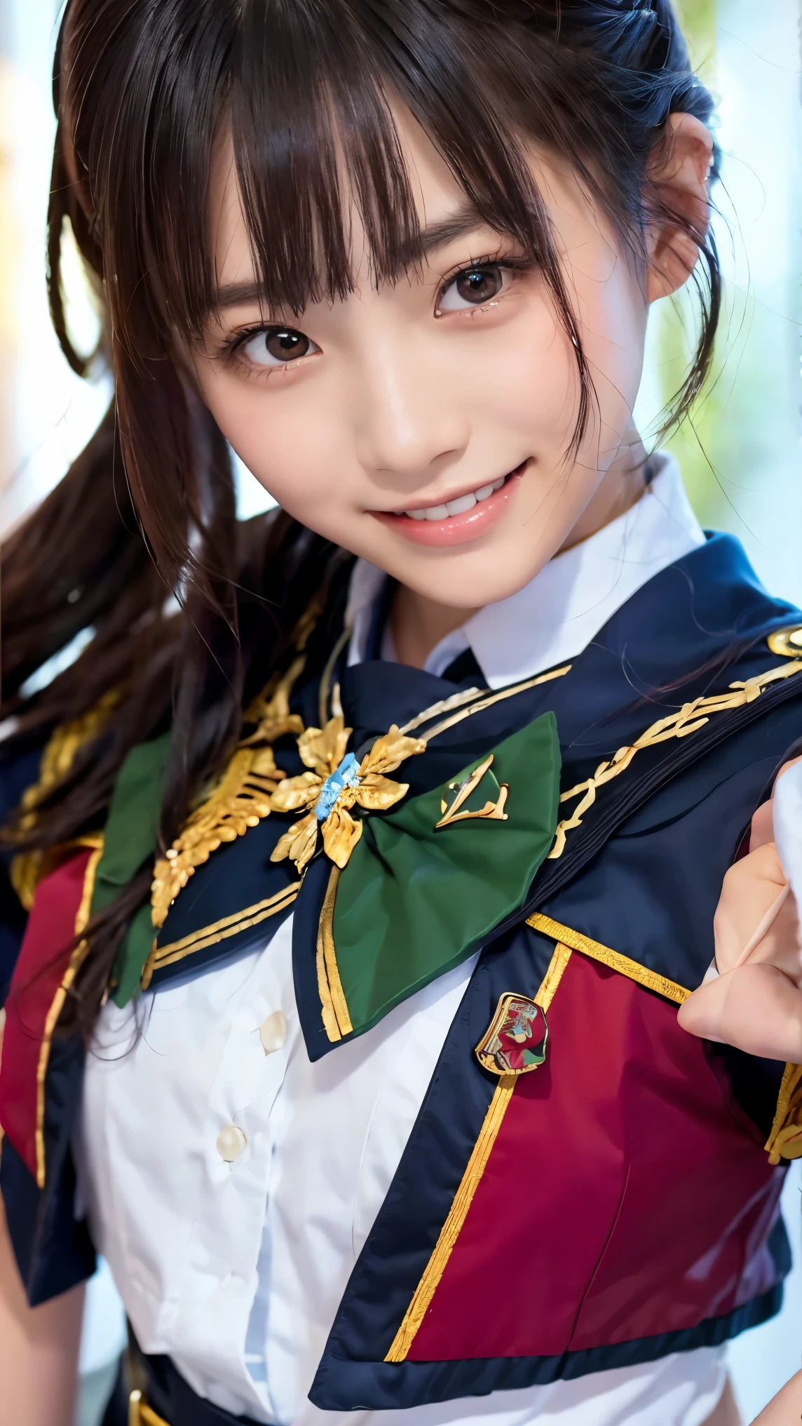 beautiful young Japanese woman , Around 20 years old, Wearing military uniform, very detailedな, 8k resolution, とても is present, Cinema Lighting, top quality, Masterpiece, is present, Physically Based Rendering , very detailed, vibrant colors, Professional, sharp concentration, studio lighting . black latex{ x} Standing Facing Front , bright smile