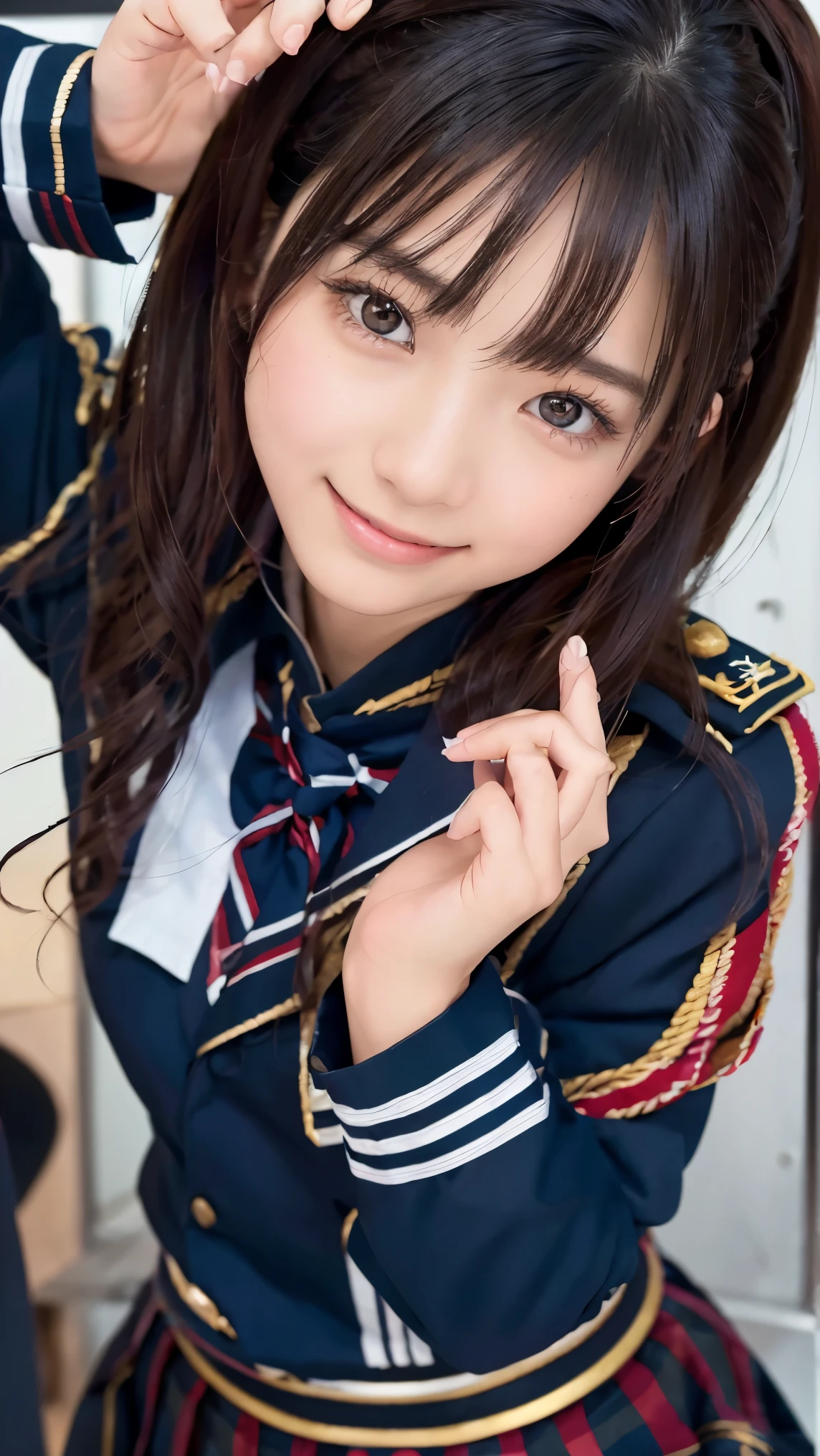 beautiful young Japanese woman , Around 20 years old, Wearing military uniform, very detailedな, 8k resolution, とても is present, Cinema Lighting, top quality, Masterpiece, is present, Physically Based Rendering , very detailed, vibrant colors, Professional, sharp concentration, studio lighting . black latex{ x} Standing Facing Front , bright smile