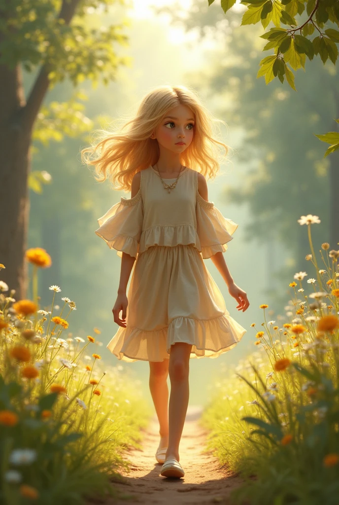 Imagine a young goddess child, around ten years old, standing in a magical forest clearing, playfully using her gravity control powers. She has long, flowing hair that shimmers like golden silk, gently floating around her as if caught in a breeze, defying gravity. Her eyes are a bright, sparkling blue, filled with a mix of innocence, curiosity, and a hint of mischief.
She is dressed in a simple yet enchanting dress made of soft, flowing fabric in pastel shades of lavender and silver, adorned with tiny, twinkling stars that seem to glow softly. Her small feet are bare, hovering just above the ground as she floats effortlessly, a few inches in the air, giggling with delight.
Around her, various objects are caught in her gravitational pull: small stones, leaves, and even tiny woodland creatures float gently around her, orbiting in a playful dance. A few colorful flowers are lifted from the ground, spinning slowly in mid-air, their petals fluttering like butterflies.
The forest around her is alive with magic, illuminated by her soft, golden aura that pulses with her laughter. Sunbeams filter through the canopy above, casting dappled light and shadows on the ground, creating a beautiful mosaic of light around her. The trees seem to sway gently, as if bowing to her presence.
Her expression is one of pure joy and wonder, as she discovers and delights in her ability to control gravity, playing with the natural world as if it were her playground. Her hands are lifted, palms facing upward, as she experiments with making objects float and dance around her, her giggles echoing through the forest.
Despite her young age, there is an unmistakable aura of divinity about her—a sense of immense power balanced with innocence and playfulness, showing that even as a child, she possesses the extraordinary abilities of a goddess.