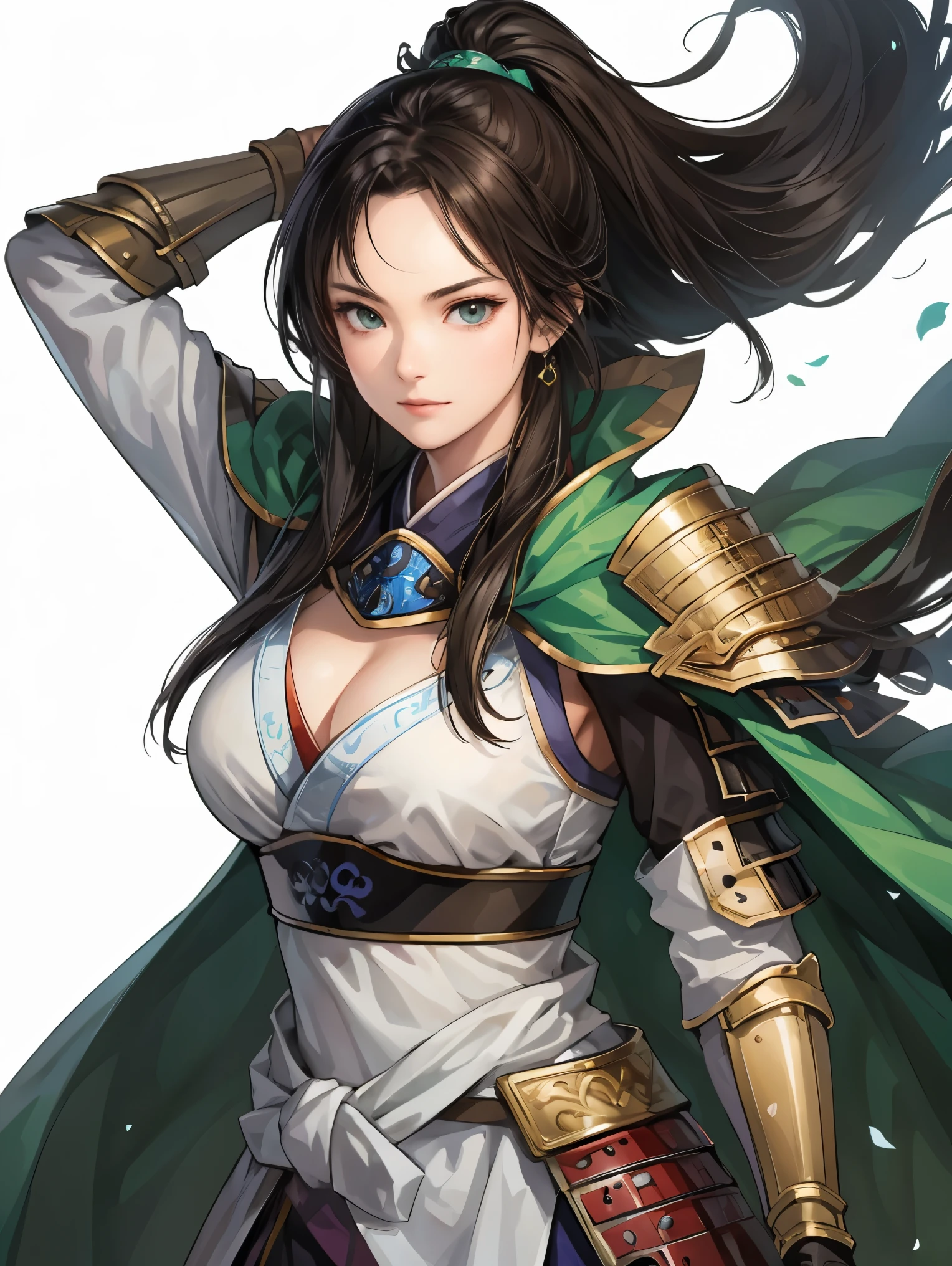 beautiful woman with dark hair :1.3, Gruwitz-Inspired Artwork , Hanfu,(( pure white background )), ( top quality), handsome,Beautiful female knight, 2. 5D CGI fantasy artwork, Detailed Digital Art, Extremely Amazing Artwork , Fan Art Best Art Station, ( green velvet long cape),(warrior:1.2)( expressionless ),Exquisitely drawn hands 、 I'm putting my hands on my lower back, facing front、Chinese Armor,From the waist up、One woman、 faint smile 、White space above the head, armor is wide open、 his chest is exposed