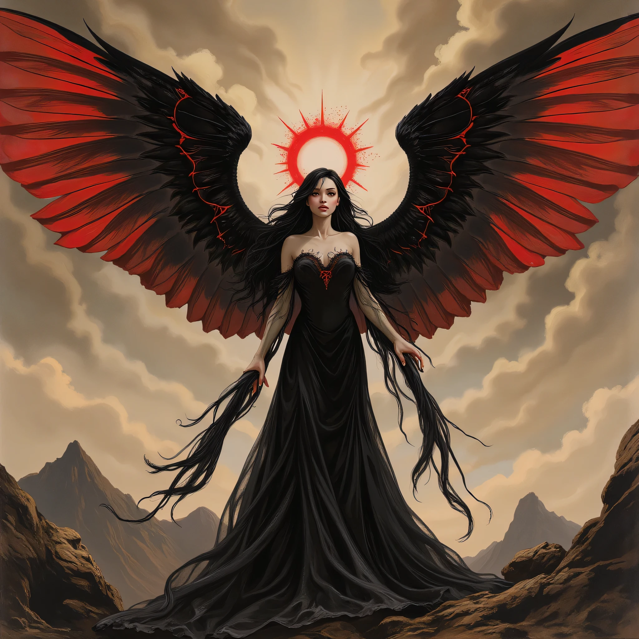 Detailed proportions and textures and multi-color with airbrushed brush strokes that presents a semi-realistic illustration in Chinese ink a female figure with striking, large wings. The wings are predominantly black with vibrant red accents, creating a dramatic contrast. The figure stands in a powerful pose, wearing a long, flowing black gown with intricate designs. Her skin is pale, and she has long, dark hair cascading down her shoulders. A glowing red halo hovers above her head, adding a mystical element. The background is a moody, cloudy sky with hints of mountains in the distance, enhancing the ethereal and otherworldly atmosphere of the scene.very balanced saturation in the color palettes very defined (Color with monochorome intense shaded tones and shine, tone red 25% + yellow 25% + blue 25% + biofluorescent 12.5%+ transparencias 12.5%. Aesthetic fusion by (Fibonacci ratio. A poupée realiste of a young girl ballet-like. female (Including a variety of pink skin and beige-dark tones that give it contrast and shine) character type. Fluid texture that gives the sensation of movement to the Thin, fine of leaves that moulds to the figure (her clothes with relief and folds give volume and depth to the character) style. Haute couture photoshoot (in high quality of full body). Sharp Highly Detailed Soft Focus, Approaching Perfection, Full HD 8K. High and Low Angles. of Coco Chanel, Gianni Versace, Alberto Vargas, Greg Rutkowsk art style fusion.