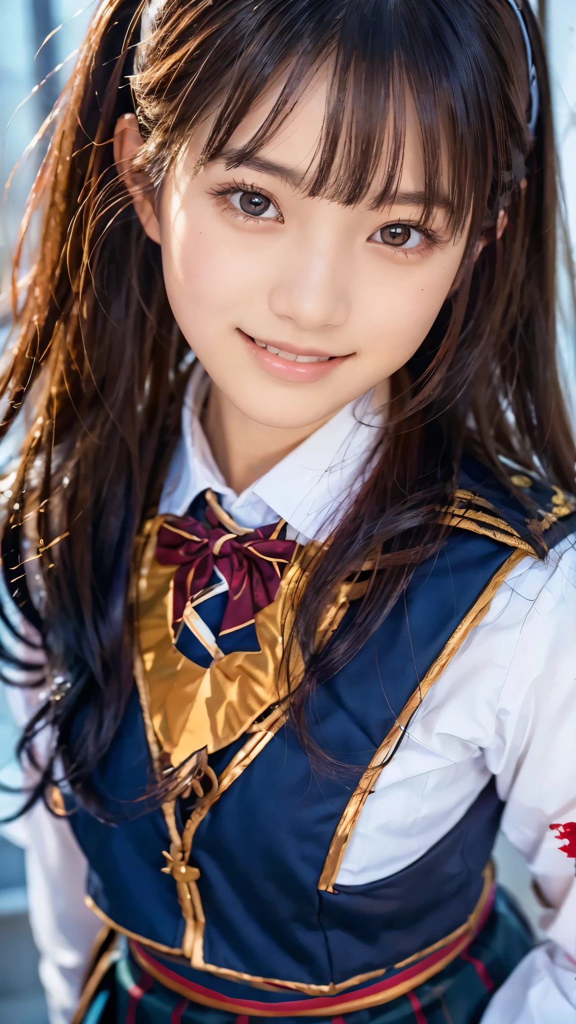 beautiful young Japanese woman , Around 20 years old, Wearing military uniform, very detailedな, 8k resolution, とても is present, Cinema Lighting, top quality, Masterpiece, is present, Physically Based Rendering , very detailed, vibrant colors, Professional, sharp concentration, studio lighting . black latex{ x} Standing Facing Front , bright smile
