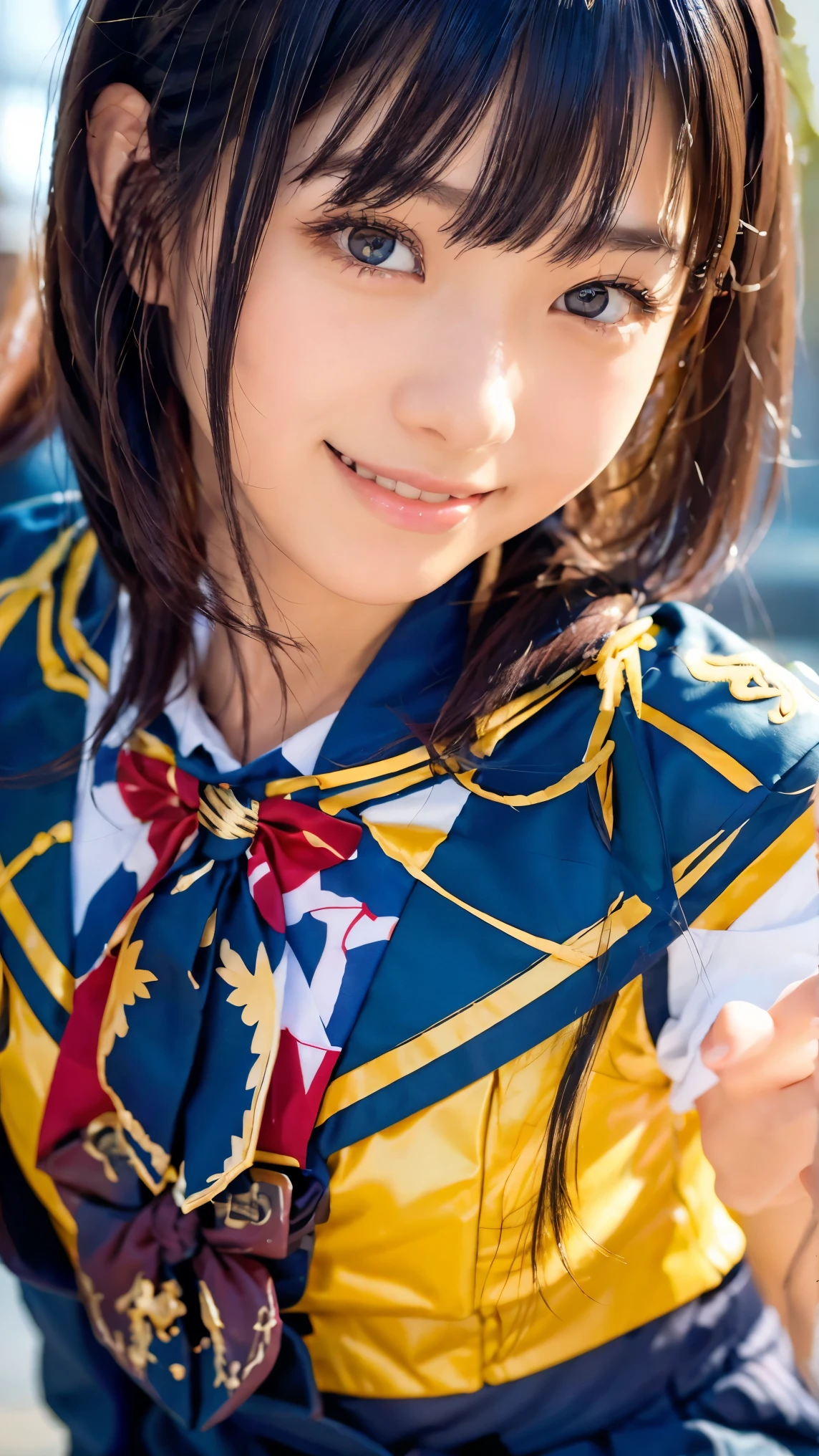 beautiful young Japanese woman , Around 20 years old, Wearing military uniform, very detailedな, 8k resolution, とても is present, Cinema Lighting, top quality, Masterpiece, is present, Physically Based Rendering , very detailed, vibrant colors, Professional, sharp concentration, studio lighting . black latex{ x} Standing Facing Front , bright smile