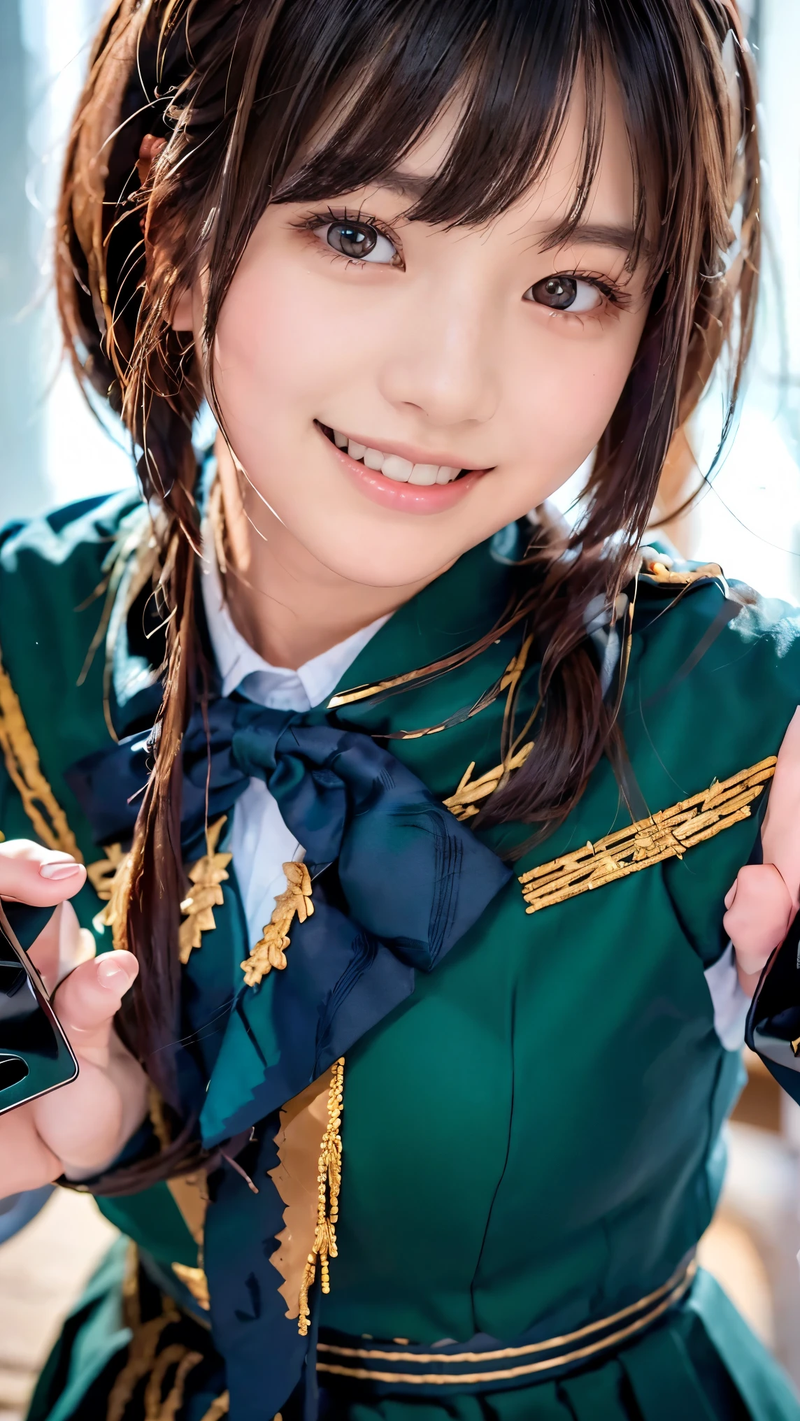 beautiful young Japanese woman , Around 20 years old, Wearing military uniform, very detailedな, 8k resolution, とても is present, Cinema Lighting, top quality, Masterpiece, is present, Physically Based Rendering , very detailed, vibrant colors, Professional, sharp concentration, studio lighting . black latex{ x} Standing Facing Front , bright smile