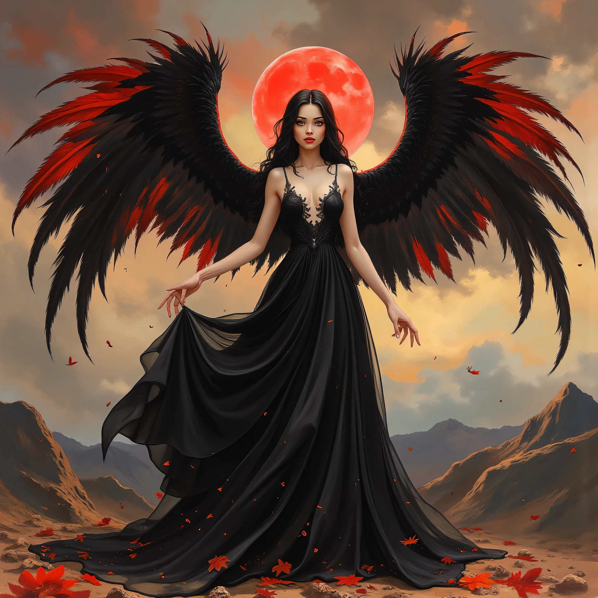 Detailed proportions and textures and multi-color with airbrushed brush strokes that presents a semi-realistic illustration in Chinese ink a female figure with striking, large wings. The wings are predominantly black with vibrant red accents, creating a dramatic contrast. The figure stands in a powerful pose, wearing a long, flowing black gown with intricate designs. Her skin is pale, and she has long, dark hair cascading down her shoulders. A glowing red halo hovers above her head, adding a mystical element. The background is a moody, cloudy sky with hints of mountains in the distance, enhancing the ethereal and otherworldly atmosphere of the scene.very balanced saturation in the color palettes very defined (Color with monochorome intense shaded tones and shine, tone red 25% + yellow 25% + blue 25% + biofluorescent 12.5%+ transparencias 12.5%. Aesthetic fusion by (Fibonacci ratio. A poupée realiste of a young girl ballet-like. female (Including a variety of pink skin and beige-dark tones that give it contrast and shine) character type. Fluid texture that gives the sensation of movement to the Thin, fine of leaves that moulds to the figure (her clothes with relief and folds give volume and depth to the character) style. Haute couture photoshoot (in high quality of full body). Sharp Highly Detailed Soft Focus, Approaching Perfection, Full HD 8K. High and Low Angles. of Coco Chanel, Gianni Versace, Alberto Vargas, Greg Rutkowsk art style fusion.