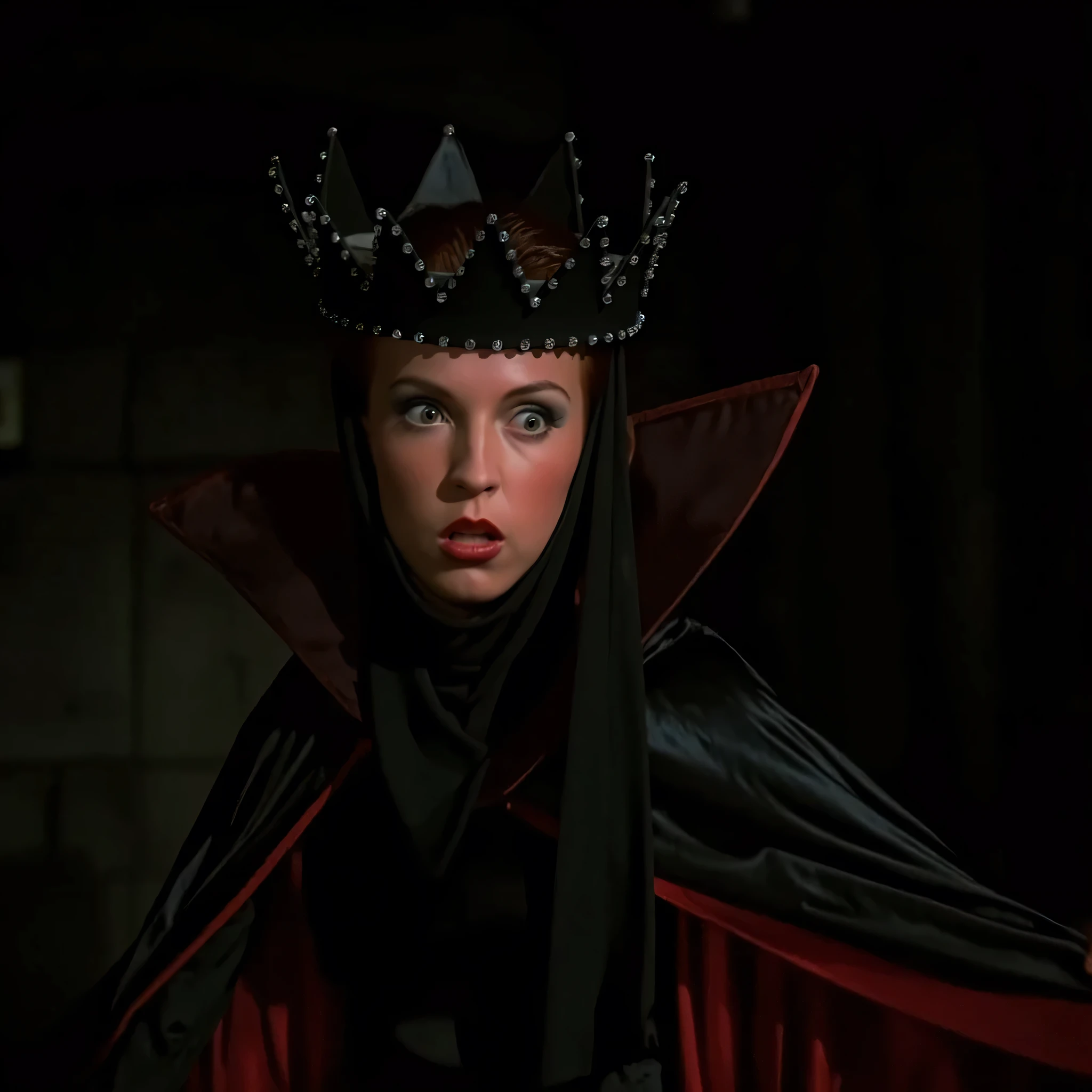 cinematic film still of Evil Queen a Long shot of a surprised woman in a black costume, Long Black Satin Cape with red satin Lining and a black crown with wide staring eyes and a shock expression on her face in 1500s 15th century, 1girl, solo, hat, upper body, lips, makeup, black background, crown, lipstick, realistic, red lips, shallow depth of field, vignette, highly detailed, high budget, bokeh, cinemascope, moody, epic, gorgeous, film grain, grainy