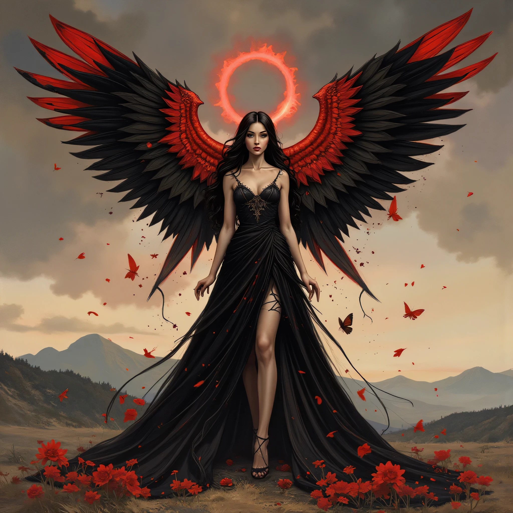Detailed proportions and textures and multi-color with airbrushed brush strokes that presents a semi-realistic illustration in Chinese ink a female figure with striking, large wings. The wings are predominantly black with vibrant red accents, creating a dramatic contrast. The figure stands in a powerful pose, wearing a long, flowing black gown with intricate designs. Her skin is pale, and she has long, dark hair cascading down her shoulders. A glowing red halo hovers above her head, adding a mystical element. The background is a moody, cloudy sky with hints of mountains in the distance, enhancing the ethereal and otherworldly atmosphere of the scene.very balanced saturation in the color palettes very defined (Color with monochorome intense shaded tones and shine, tone red 25% + yellow 25% + blue 25% + biofluorescent 12.5%+ transparencias 12.5%. Aesthetic fusion by (Fibonacci ratio. A poupée realiste of a young girl ballet-like. female (Including a variety of pink skin and beige-dark tones that give it contrast and shine) character type. Fluid texture that gives the sensation of movement to the Thin, fine of leaves that moulds to the figure (her clothes with relief and folds give volume and depth to the character) style. Haute couture photoshoot (in high quality of full body). Sharp Highly Detailed Soft Focus, Approaching Perfection, Full HD 8K. High and Low Angles. of Coco Chanel, Gianni Versace, Alberto Vargas, Greg Rutkowsk art style fusion.