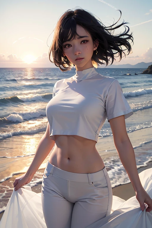 (logo、masterpiece、8k、Tabletop、RAW Photos、wonderful、最high quality、Photorealistic and Very detailed CG integrated 8k wallpaper、high quality、Very detailed、Narrative poem、Particle Effects、Dynamic Effects、Written boundary depth、Cinematic Light、Lens flare、Ray Tracing)、Fantasy、 (One beautiful woman、White pants、White T-shirt、White tube top、White crop top、Black-haired、Beautiful Face、True Face、Beautiful details、eye、Beautiful Skin、Ultimate Body、glamorous)、私の髪はWindに舞う、Hair flutters in Wind、Hair bounces、Seaside、wonderful景色、Coastal、sunrise、Sun in the background、Wind、Beach