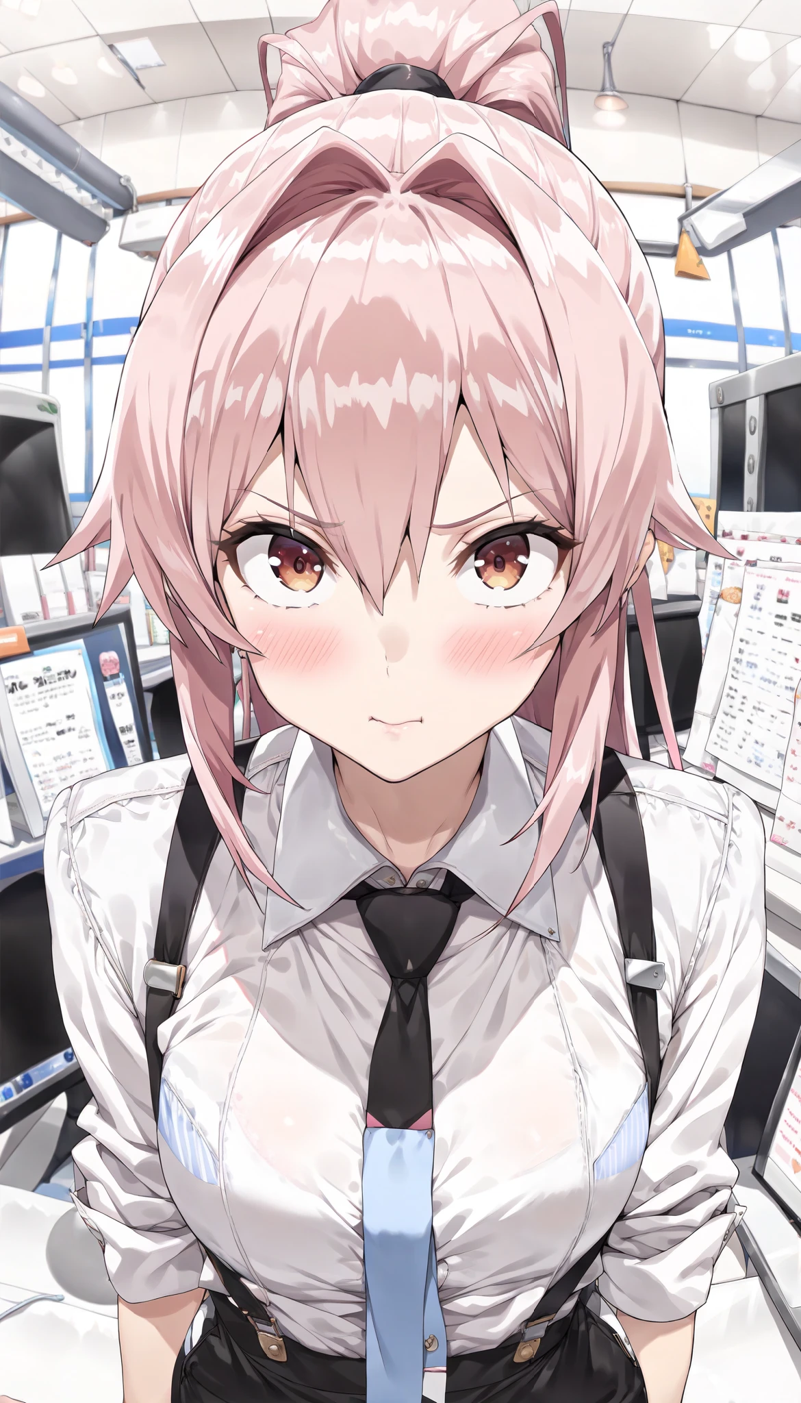 ((best quality)), ((masterpiece)), (detailed), perfect face, ((Best quality, 8k, Masterpiece: 1.3)), Shirt, tie, suspenders, long ponytail, 1 lady, solo, alone, at office