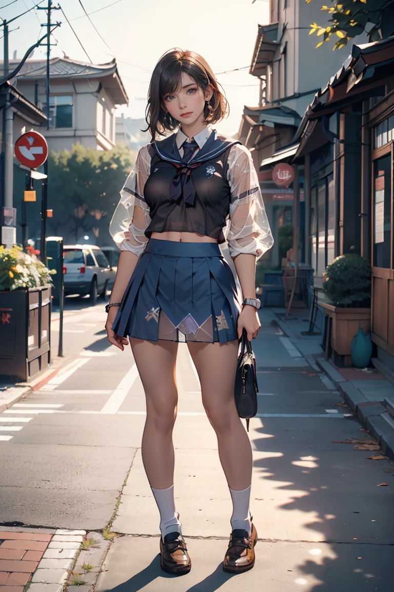 (NSFW), 1womanl, Solo, 24 year old, 7headed body, (cute  face), (Ideal ratio body proportions), Modern old cityscape, shool uniform, Sweatshirt, a miniskirt, heavy wind, The skirt flips up in the wind, panties focus, long , Sexy body, Wet, Smiling smile, short-hair, Dark hair, small tits, A slender, Small buttocks, beauty legs, Skinny Legs, surrealism, Cinematic lighting, depth of fields, One-person viewpoint, F/1.8, 135 mm, nffsw, masutepiece, ccurate, ((Anatomically correct)), Textured skin, Super Detail, high details, High quality, awardwinning, Best Quality, hight resolution, 8K