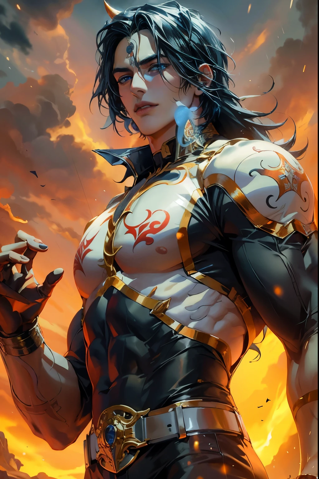 closeup, anthro furry tigress warrior, female, muscular and charismatic and intimidating, long black hair, red eyes, (naked), topless, golden palace interior background