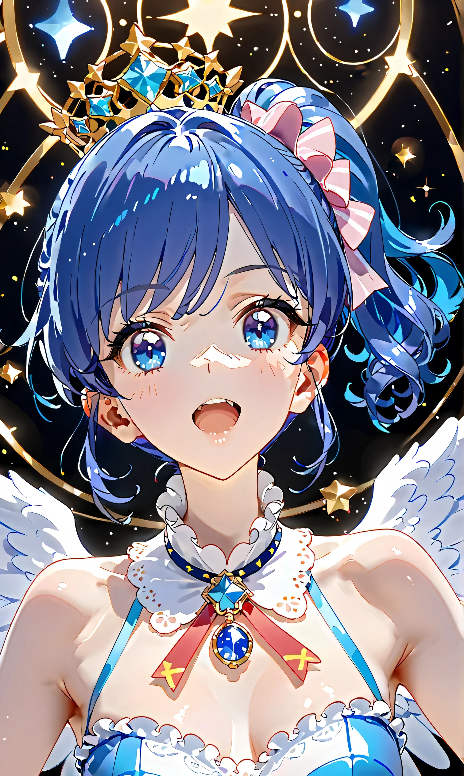 COWBOY Shot: 1.4, (Masterpiece, Top Quality, Highly Detailed, Super Detailed, High Resolution, Absurd, 4K, 8K: 1.2), (Official Art, Incredibly Detailed Illustrations, Highly Detailed CG, Details background, cinematic lighting, dynamic angles, perfect hands, detailed shiny skin, detailed hair, detailed eyes) (very nice detailed cute face, beautiful face) (very detailed) ( 3D depiction)
BREAK, Aikatsu, Kiriya Aoi, 1girl, Solo, Blue hair, ANGEL wing, Blue eyes, Looking at camera, Side ponytail,
