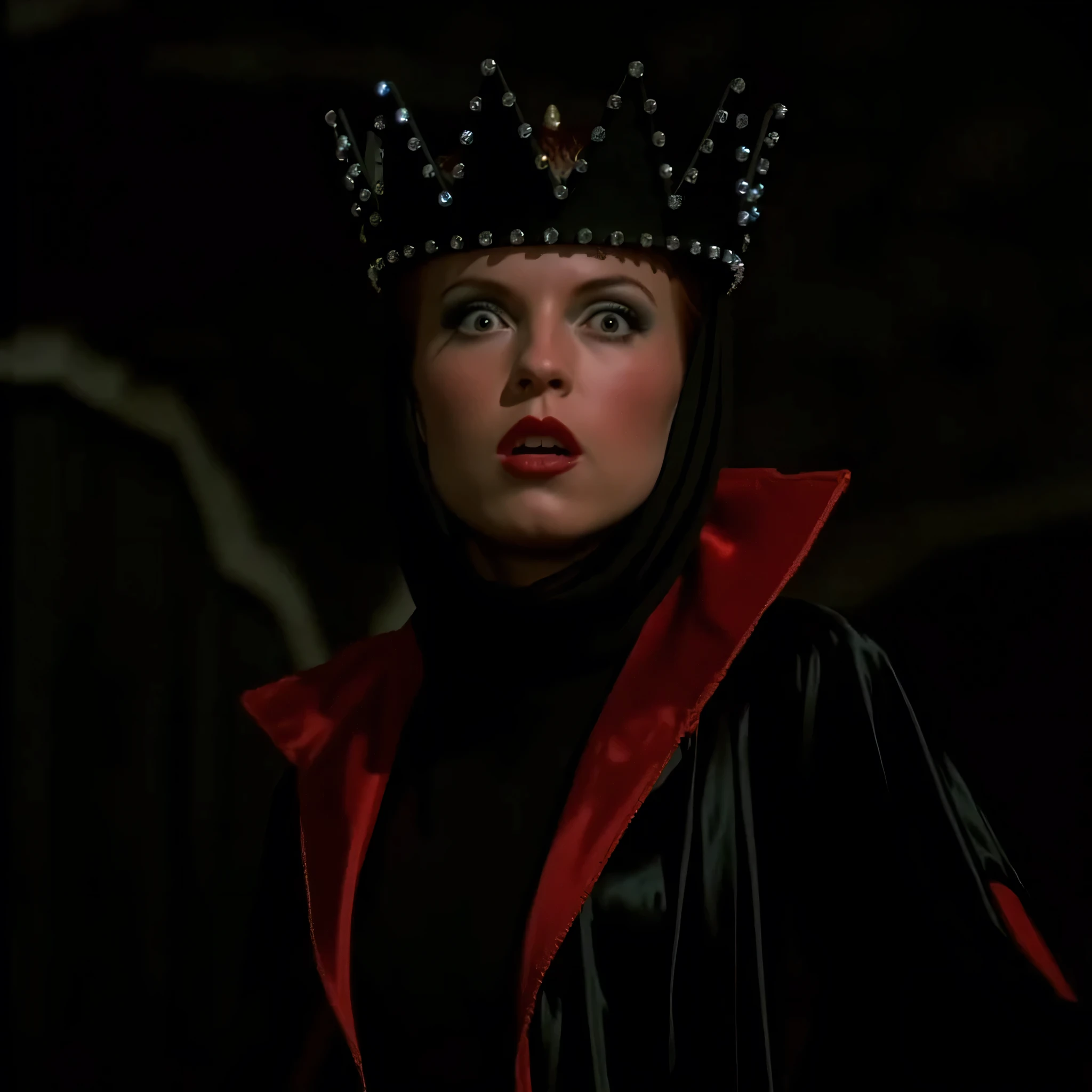 cinematic closeup film still of  Evil Queen a Long shot of a surprised woman in a black costume, Long Black Satin Cape with red satin Lining and a black crown with wide staring eyes and a shock expression on her face in 1500s 15th century, 1girl, solo, hat, upper body, lips, makeup, black background, crown, lipstick, realistic, red lips, shallow depth of field, vignette, highly detailed, high budget, bokeh, cinemascope, moody, epic, gorgeous, film grain, grainy