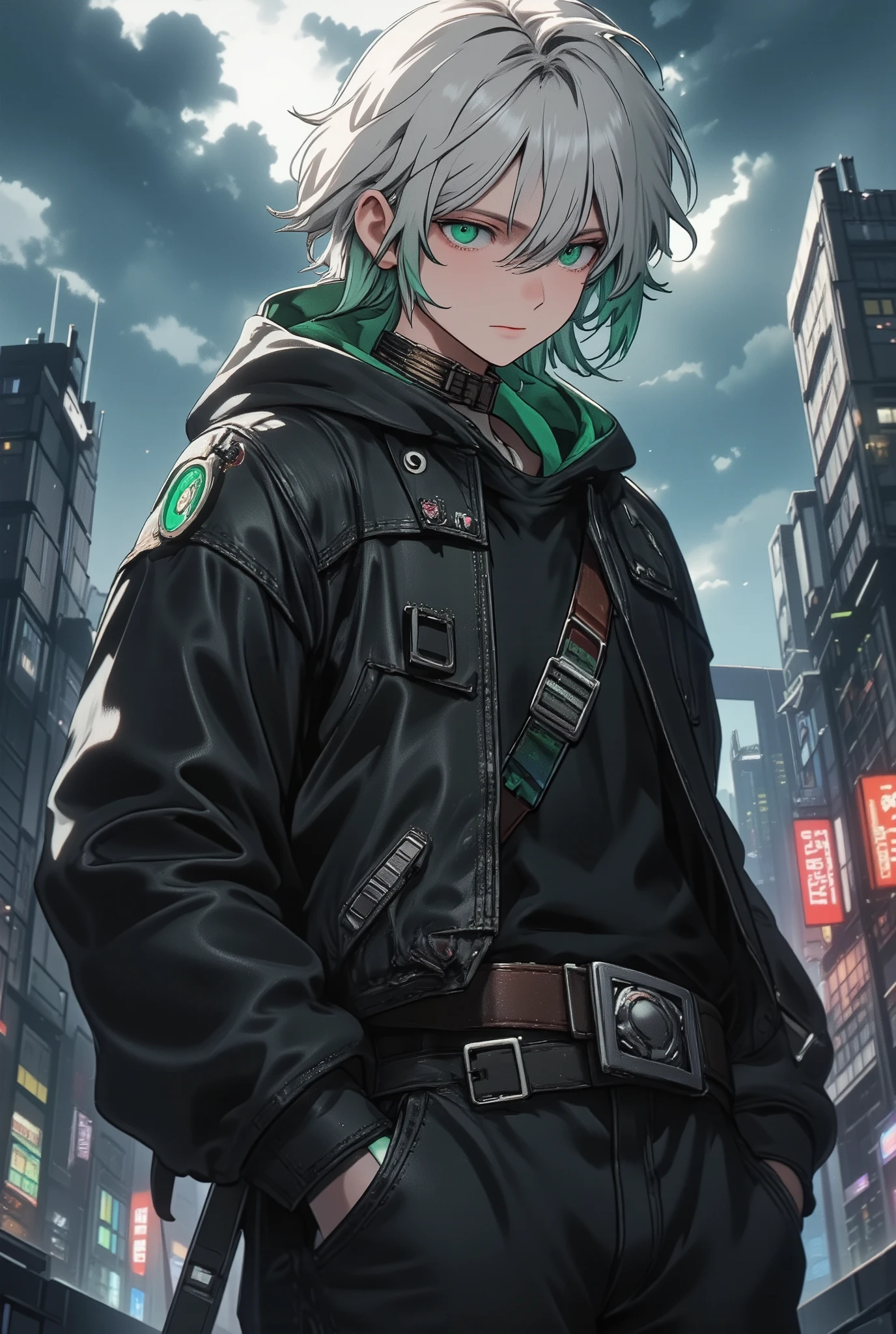 Male, Young Adult, Masculine, Deep Sea Green Eyes, White Medium Length Hair with Green Dyed Tips, Messy Hair, Undertone Hair, Baggy Jeans, Big Belt, Multiple Belts, Slanted Belt, In the style of sifu, Perfect Generation, Night City, Cloudy Sky, Male Focus
