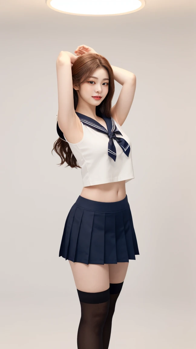 women in classroom, ((Sailor suit, crop top)), blue school skirt, Open the navel, Open belly, (Showing the abdominal area), , ((Crossing her arms )). 