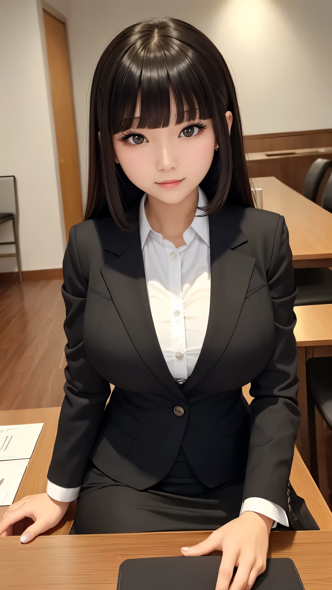 ((highest quality)), ((8k), (detailed face), (highlight), girl、cleavage、Align bangs、black hair、white skirt、blazer、