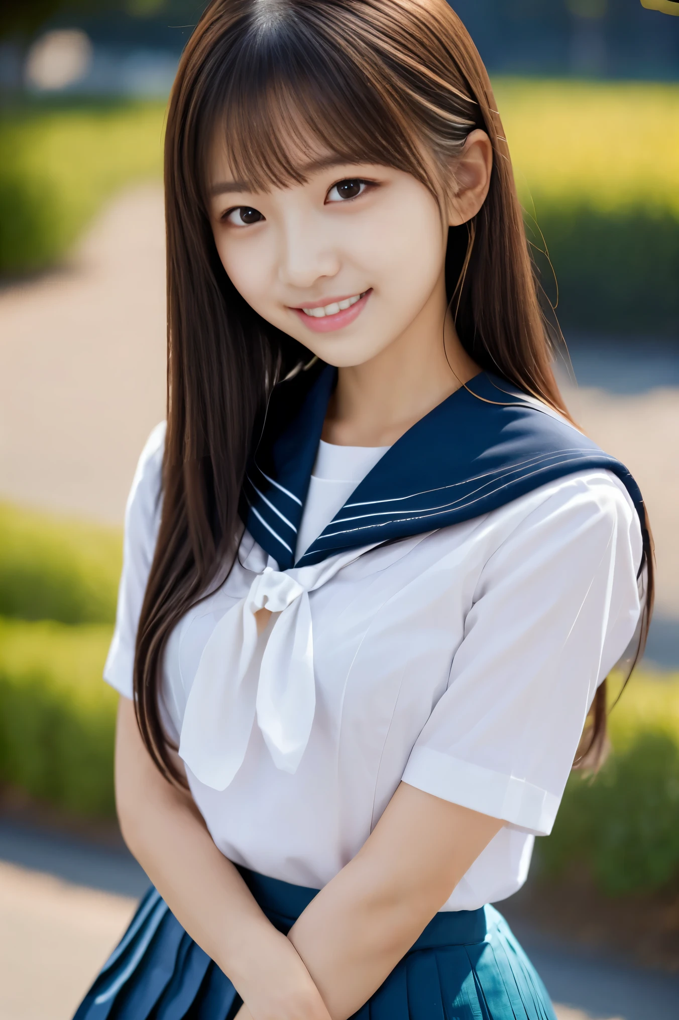 ( Masterpiece:1.3), (8k, photorealistic, RAW Photo , best image quality: 1.4), Japanese college girl、 clear , IDOL STYLE 、( Search 。 hairstyles are random:1.2)、 super detail face that has an item、Pay attention to the details、double eyelids、Chest to Chest、 sharp concentration:1.2、 beautiful woman:1.4、((whole body)), (( white shirt, Sailor , Navy Pleated Skirt :1.2)), top quality、 Masterpiece、 super A high resolution、( photorealistic:1.4)、 smiles with high-definition, professional lighting、 random costume、 random environment