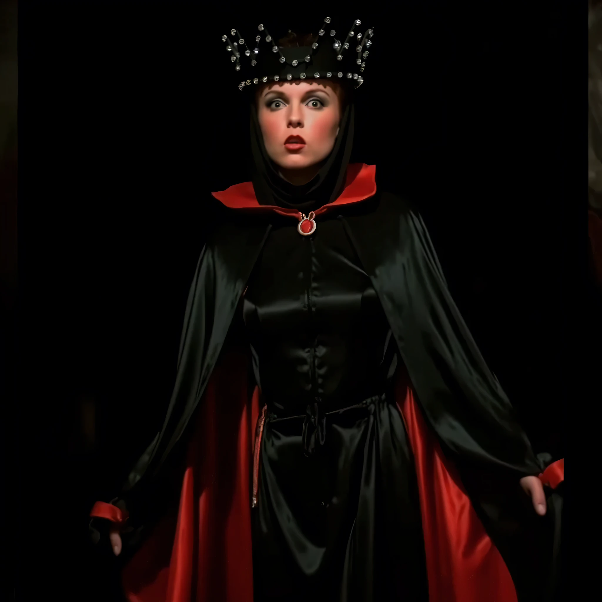 cinematic film still of Evil Queen a Long shot of a surprised woman in a black costume, Long Black Satin Cape with red satin Lining and a black crown with wide staring eyes and a shock expression on her face in 1500s 15th century, 1girl, solo, hat, upper body, lips, makeup, black background, crown, lipstick, realistic, red lips, shallow depth of field, vignette, highly detailed, high budget, bokeh, cinemascope, moody, epic, gorgeous, film grain, grainy