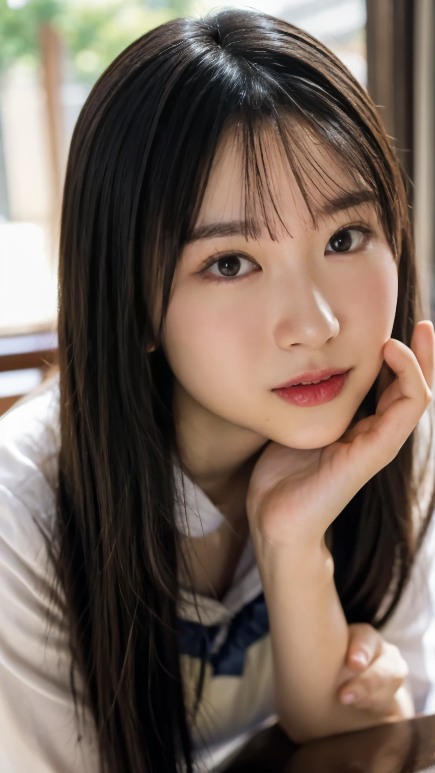 Masterpiece, top quality, 8k, Ultra High Resolution、((( head on the knee )))、 22 years old, big breasts, cute, alone, smile、 cute, , cute、 delicate girl, pure beauty, RAW Photo , Heavy Gold Obsidian Heavy Armor , Soft light, professional lighting, backlight, If you look into the camera, you can clearly see the protruding , Sophisticated, film grain, ( eye and face details:1.0), floating hair、 messy hair、Wavy long hair、, asymmetrical bangs, Round face、Young Face、( big breasts:1.4)、 I Can See My Cleavage 、 nipple:1.6、((( high school uniforms )))、 Full Thighs 、 clear white skin 、Dolly Make、( rainbow heterochromia、The left and right eyes are different )