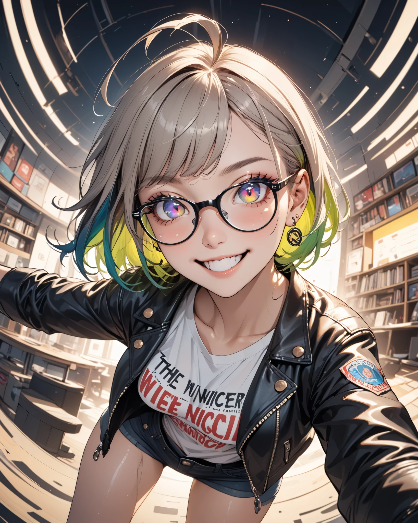 UHD, Gesture on shifting swirl glasses from face with left hand, Very Pretty Lady, Focus the left hand, The text on her shirt says "Washington", Flexible and Very Nice Body, Colored Eyelashes, Illustration with movement, Modern, Ahoge, 1girl, Gradient Hair, Swept Bangs, Textured Skin, Naughty, Japanese Illustration Style, Swirled Glasses, Pupils Sparkling, High Resolution, Asymmetrical Hair, Bright Pupils, Multicolored Eyes, Masterpiece, Solo, Fisheye, black leather jacket, Anatomically Correct, Soft Lighting, Accurate, Smile, Super Detailed, Action Painting, Multicolored Hair, The shirt under the leather jacket worn by the lady has a space pattern, Expressive Hair, Earrings