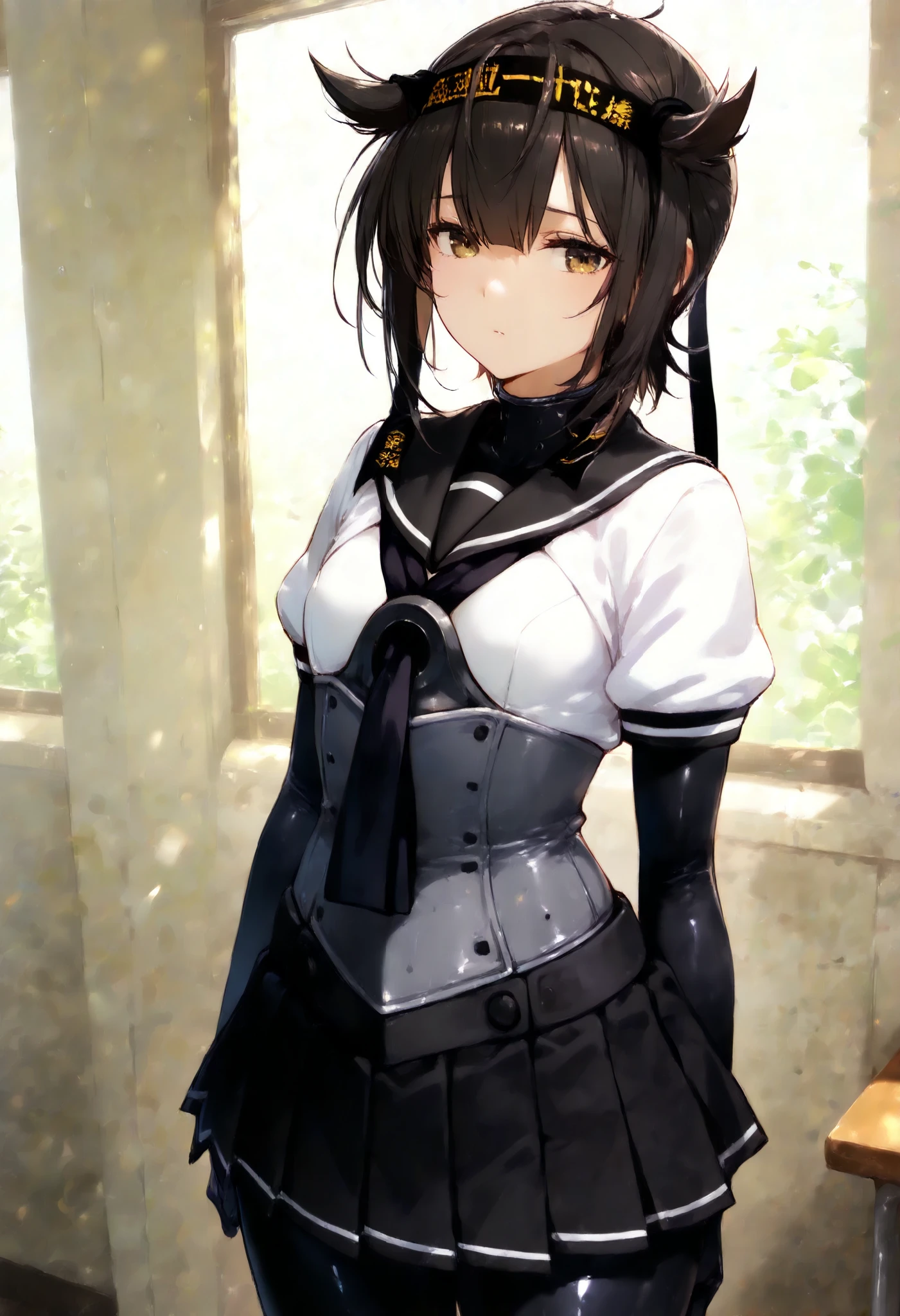 (masterpiece, Highest quality:1.4), (Very detailed:1.2), {shape,Picturesque}, {Studio Light, Picturesque}, [Best Shadow],
(Konishi CSA)_(ShizumaCSA)_(Hoshiakari CSA), (Alpha CDE)_(Gamma CDE),
break
(Perfect ???????), (Symmetrical eyes, Very detailed eyes, Beautiful Eyes), (Sharp eyeliner, Very detailed face, Beautiful Face), (gray eyes),
break
nice hands, Perfect hands, Guido Daniele,
break
1girl, alone,
break
hatsuzukiKC, (hatsuzuki) uniform, (black) Bodysuits, (black) hachimaki, (black) Sailor collar, (black) neckerchief, (black) gloves, (black) Pleated skirt, (gray) Knee Boots, (Short sleeve) Seraphim, (gray) corset, mini skirt, (black) pantyhose, elbow gloves, (black) head band, (black) hair band, (Write clothes) hachimaki, Anchor symbol,
break
looking at viewer, Cowboy Shot, Facing the audience, Emotionless, (indoor, office, living room),
(panties), 
